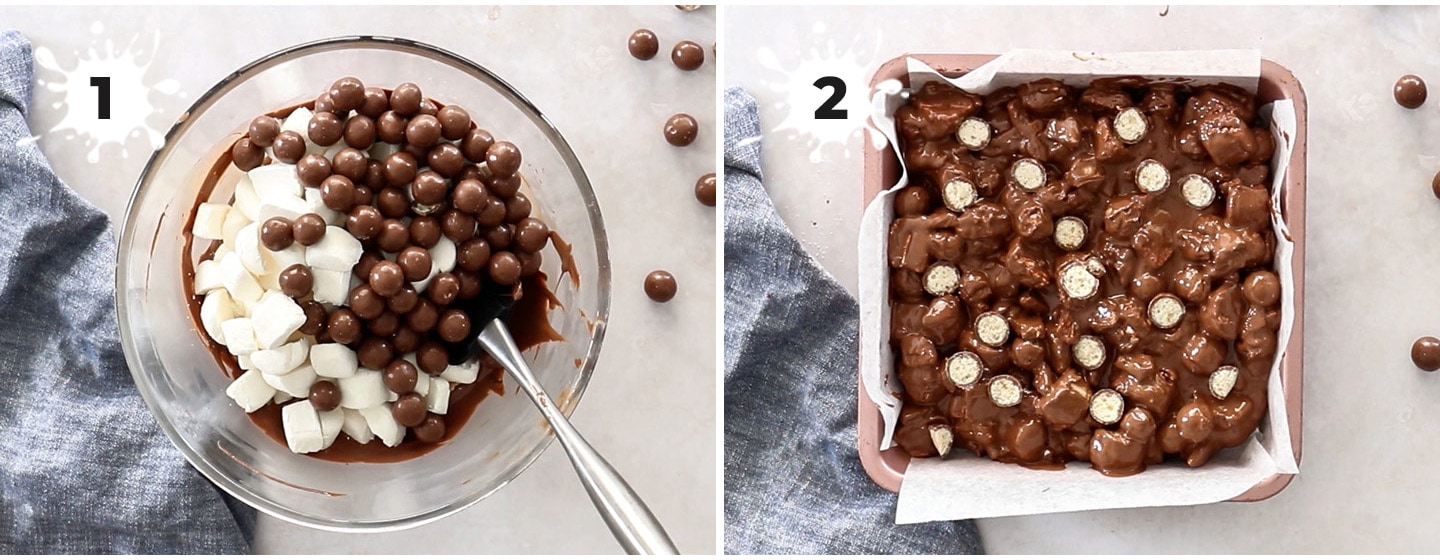 A collage of 2 images showing how to make rocky road.
