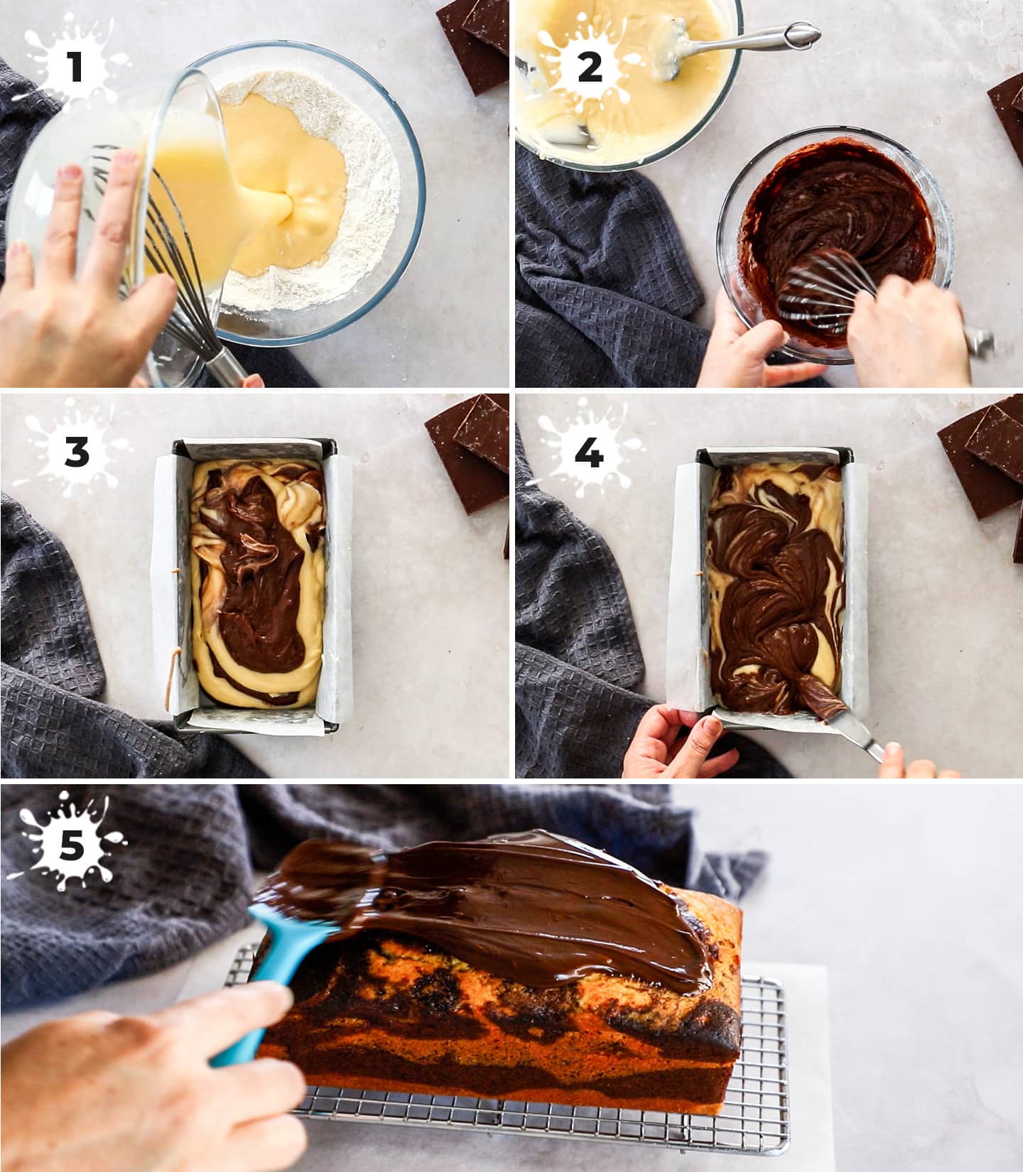 A collage of 5 images showing how to make marble cake.