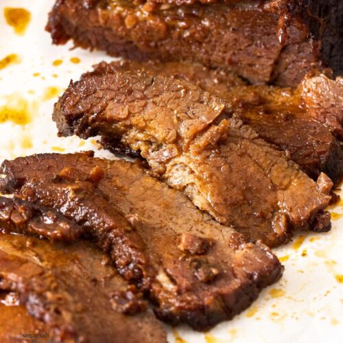Closeup of cooked beef brisket slices