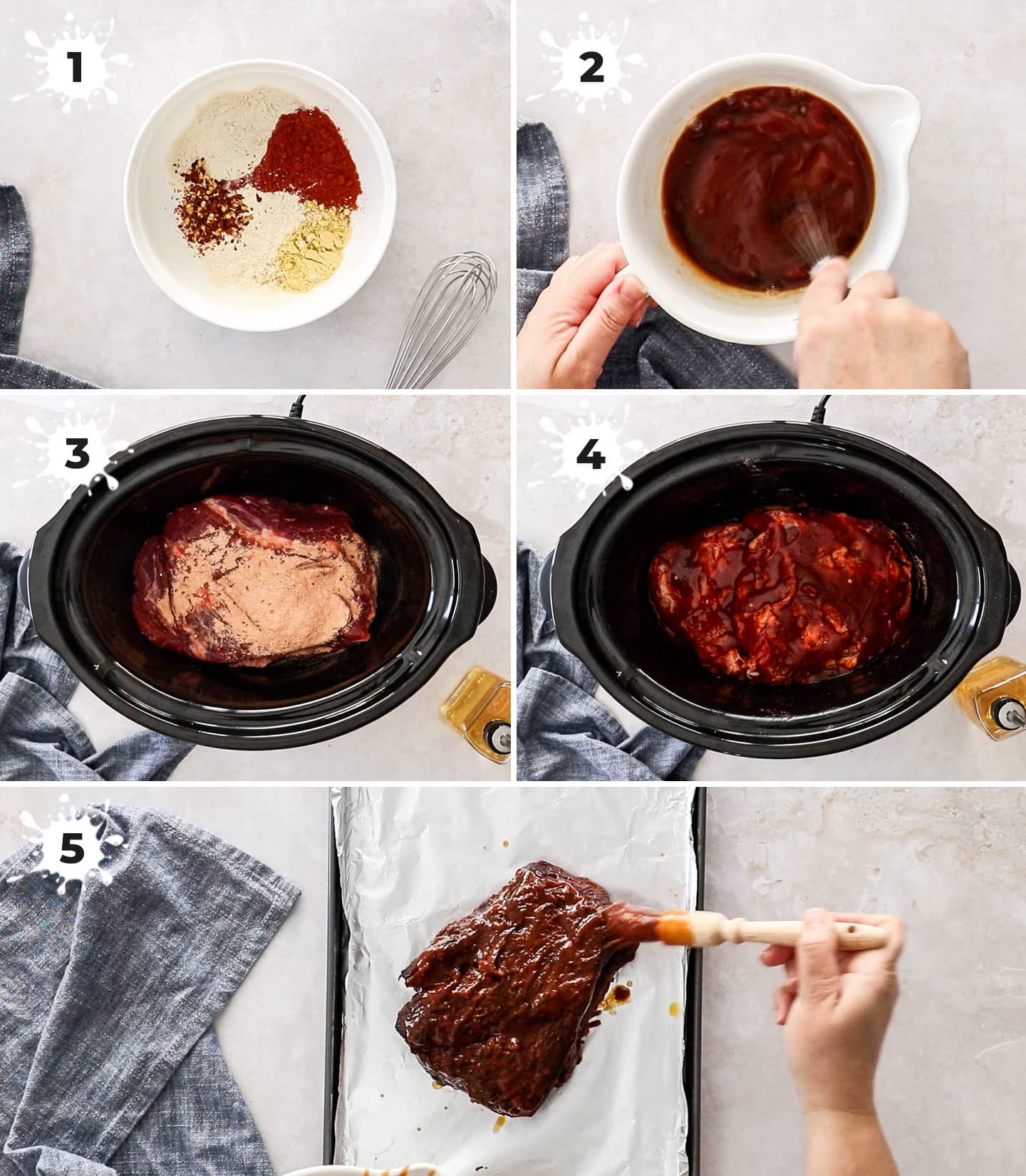 A collage of 5 images showing how to make BBQ beef brisket.