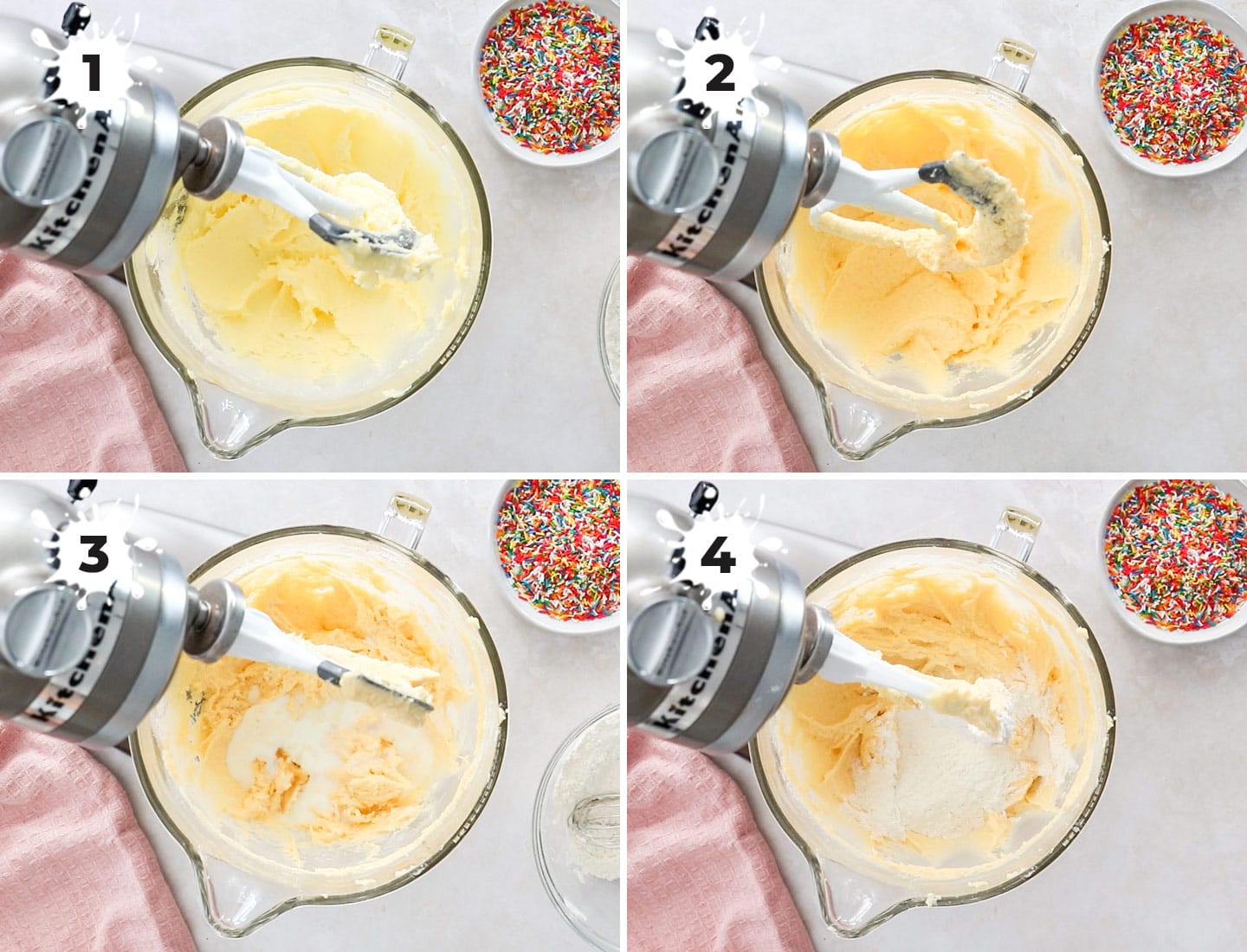 A collage of 4 images showing how to make the cake batter.