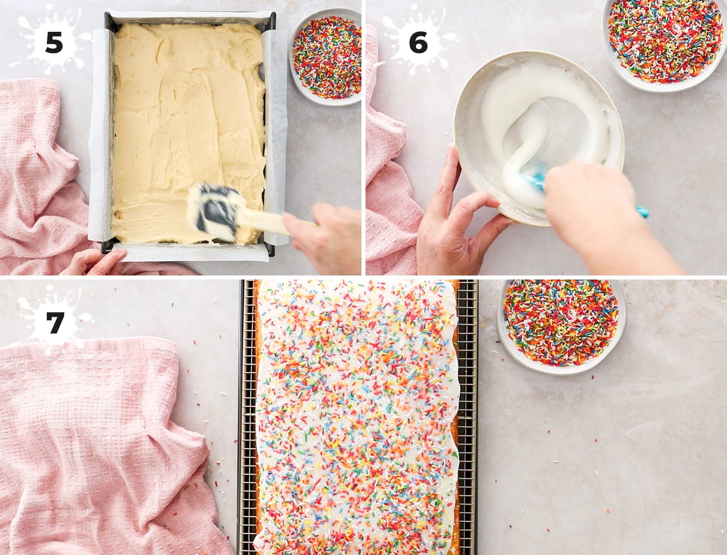 A collage of 3 images showing how to decorate the cake.