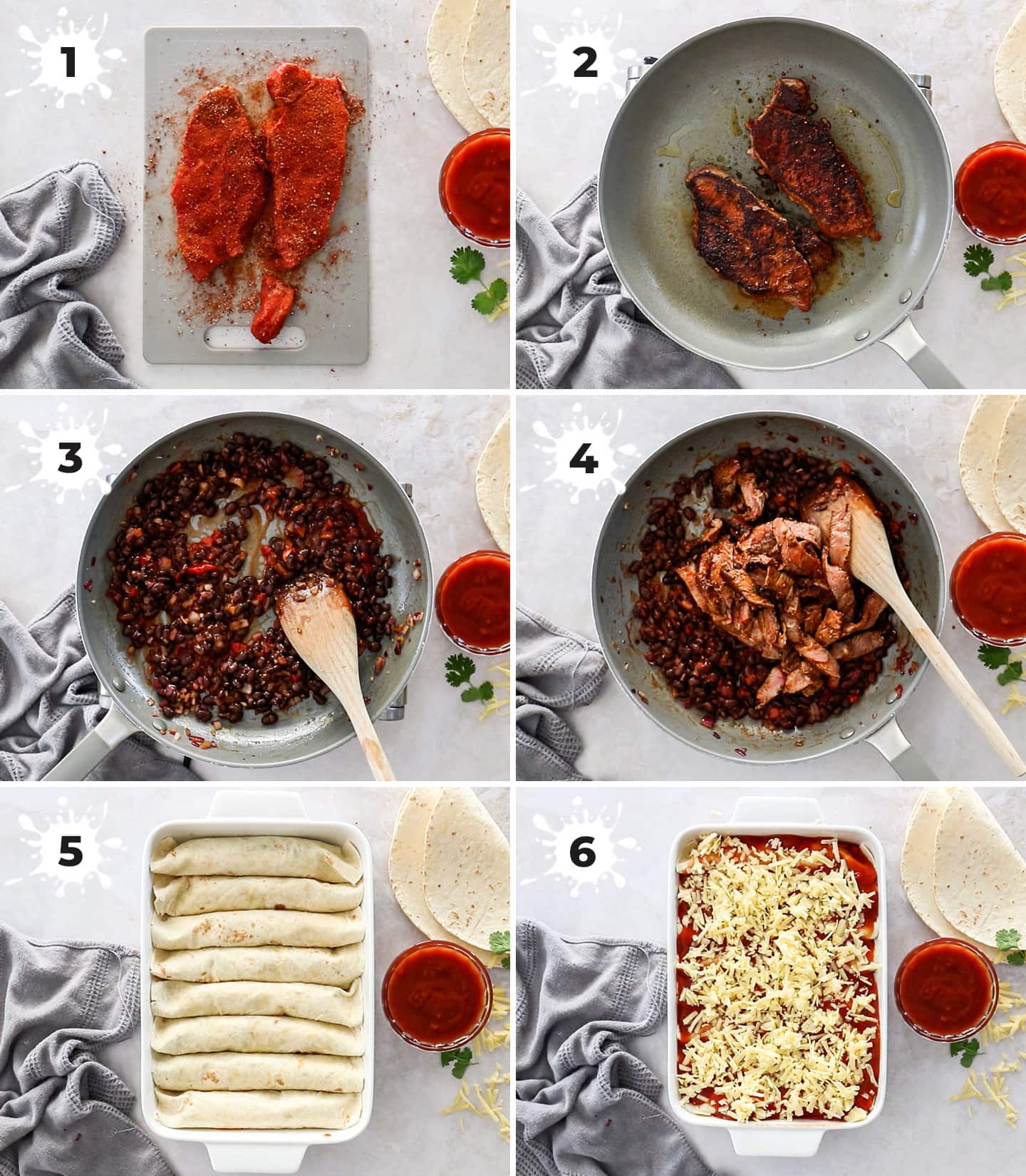 A collage of 6 images showing how to make steak enchiladas.