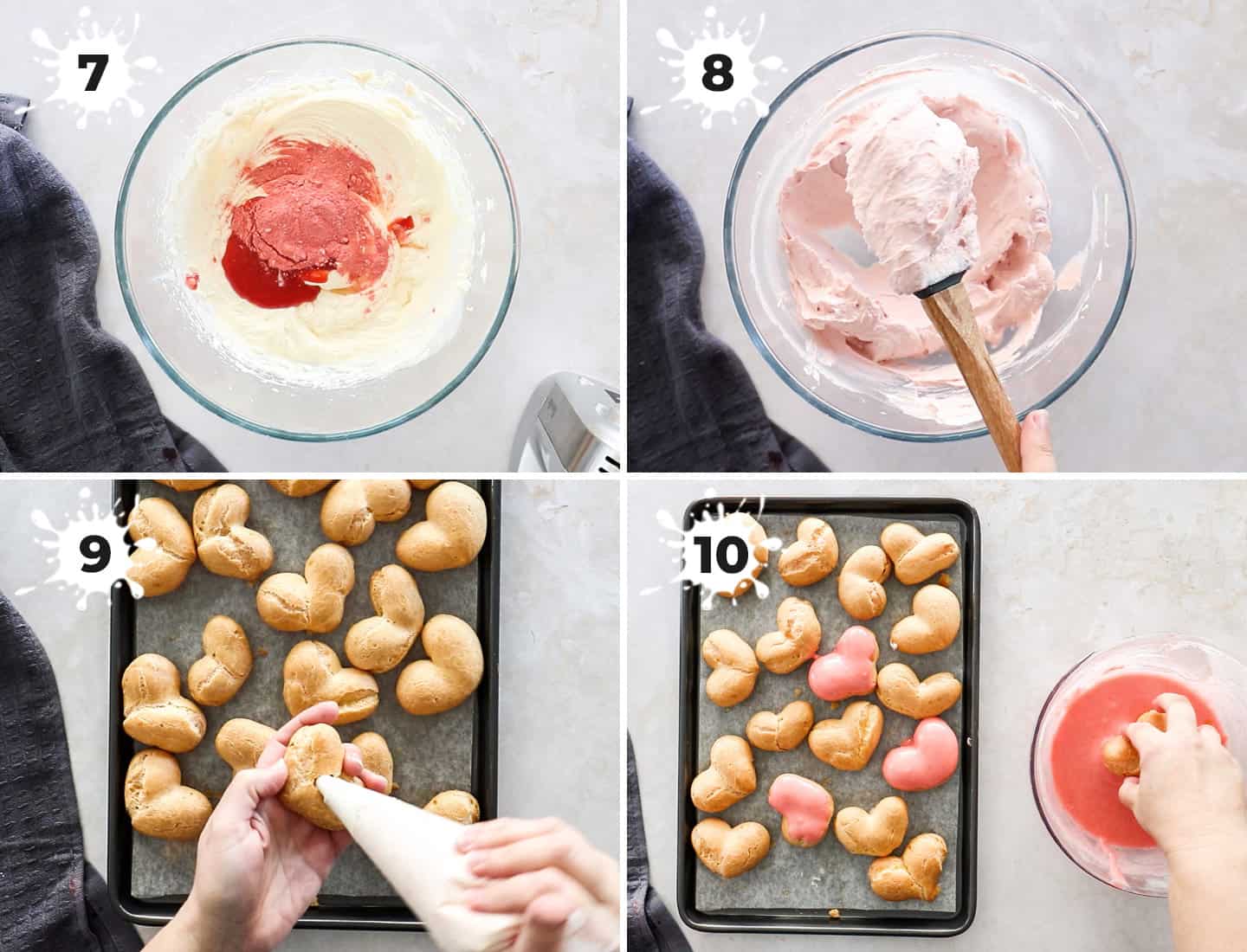 A collage of 4 images showing how to fill and glaze the cream puffs.