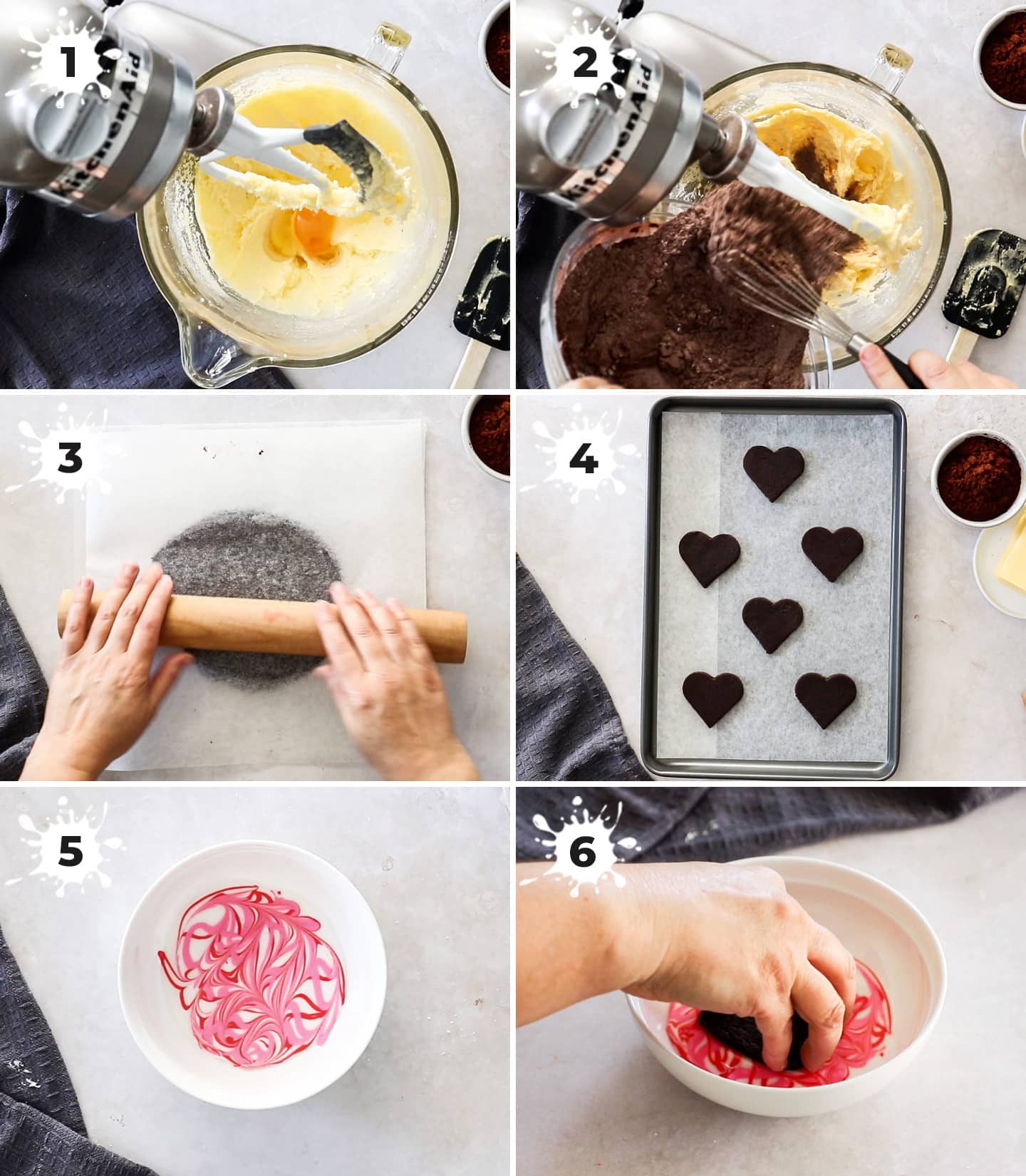 A collage of 6 images showing how to make chocolate sugar cookies.