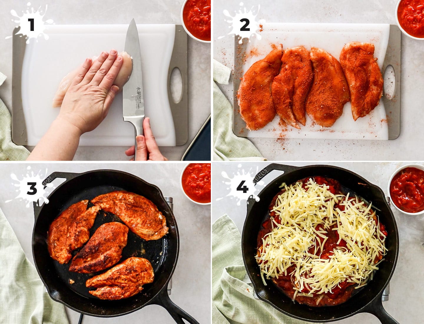 A collage of 4 images showing how to make baked salsa chicken.
