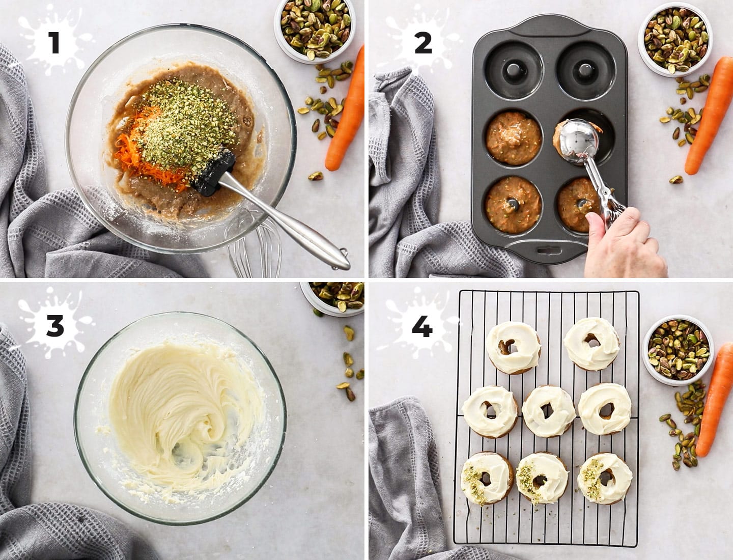 A collage of 4 images showing how to make carrot cake donuts.
