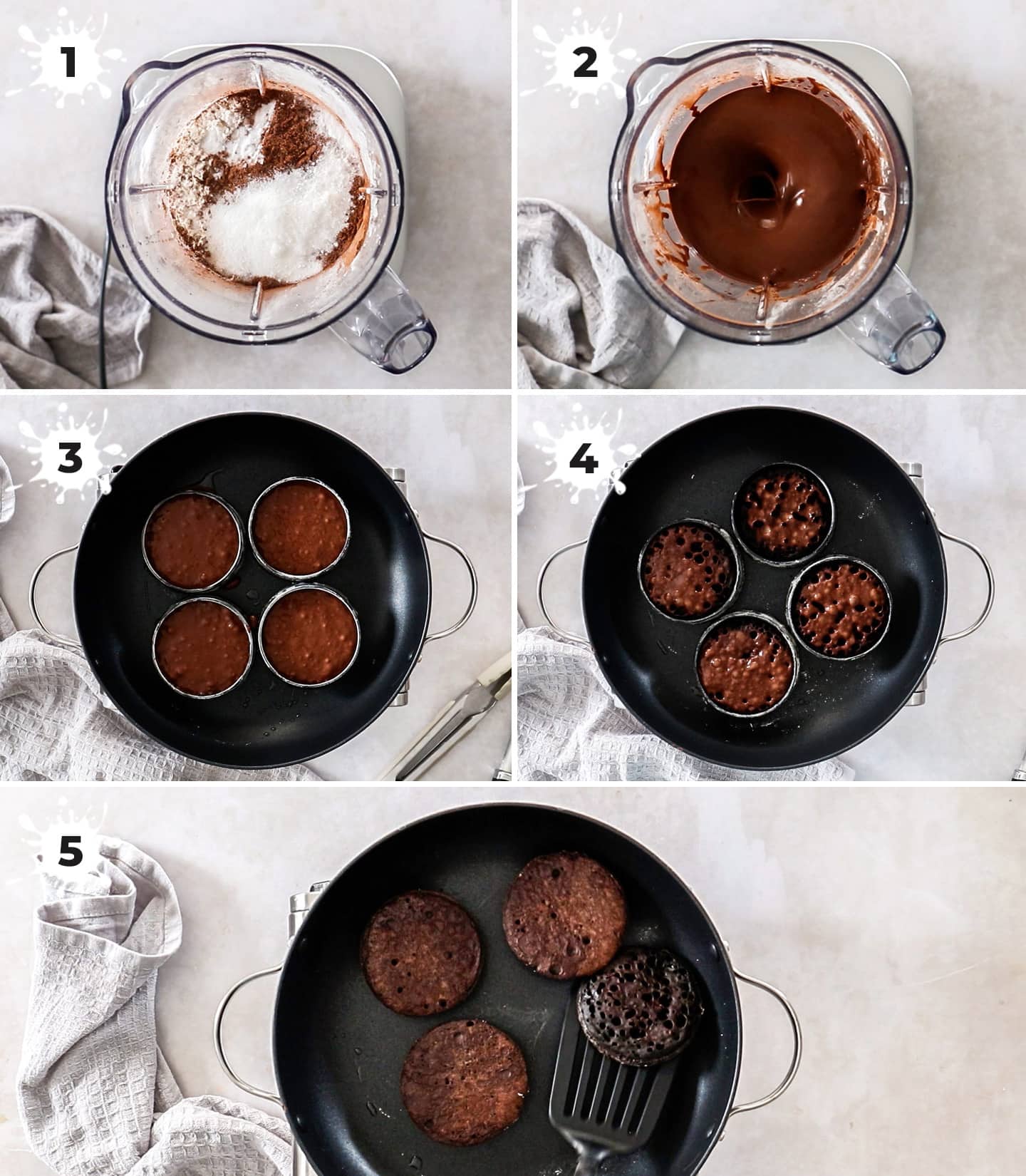 A collage of 5 images showing how to make chocolate crumpets.