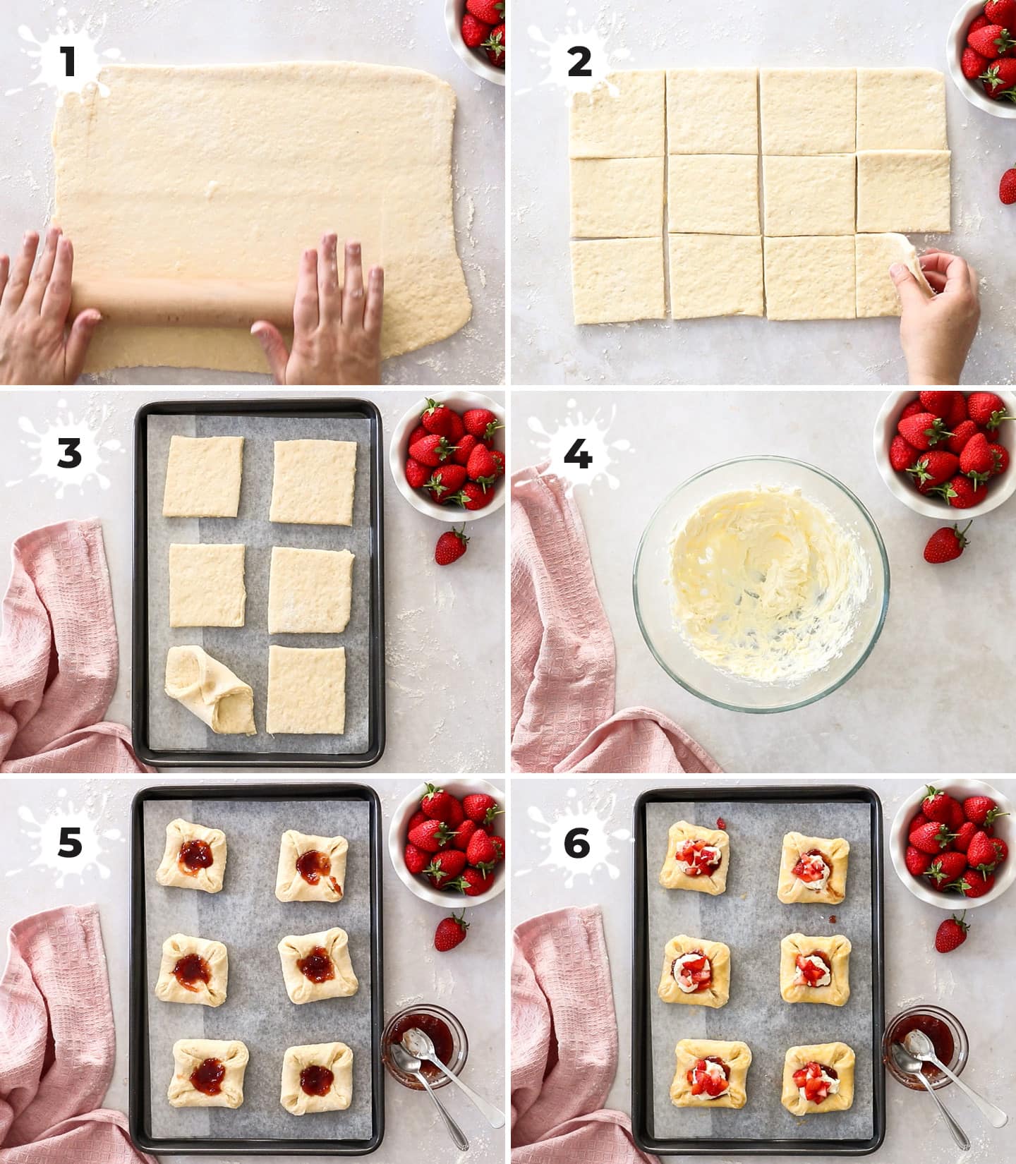 A collage of 6 images showing how to assemble the strawberry Danishes.