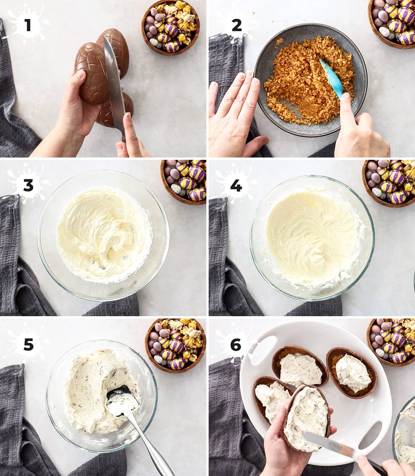 A collage of 6 images showing how to make Easter egg cheesecake.