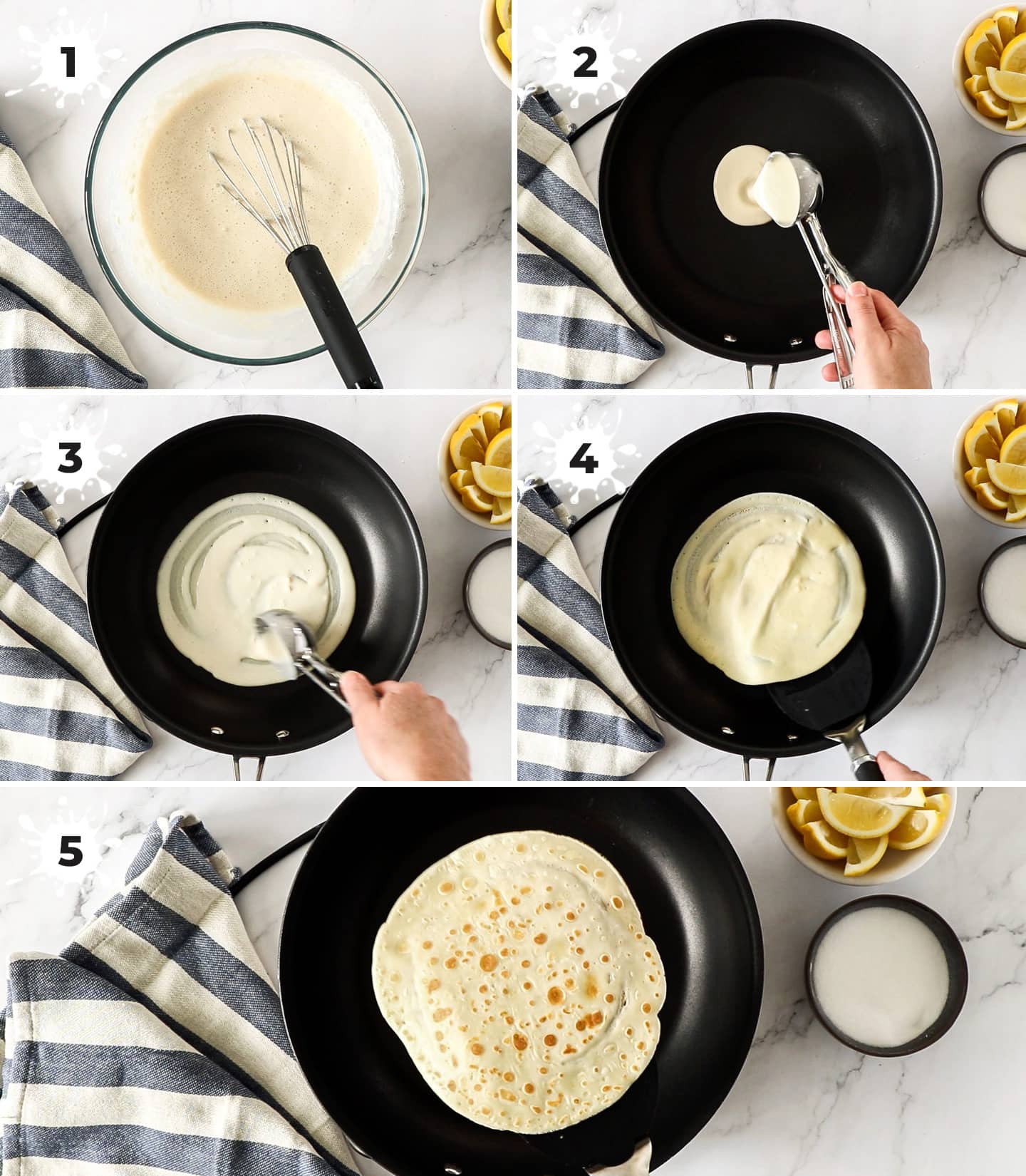 A collage of 5 images showing how to make english pancakes.