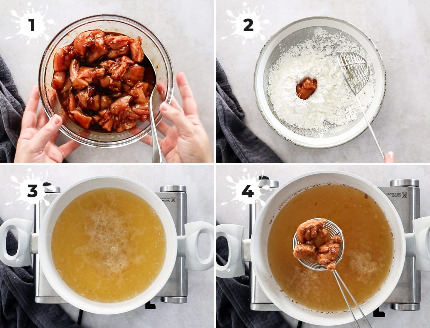 A collage of 4 images showing how to make karaage chicken.