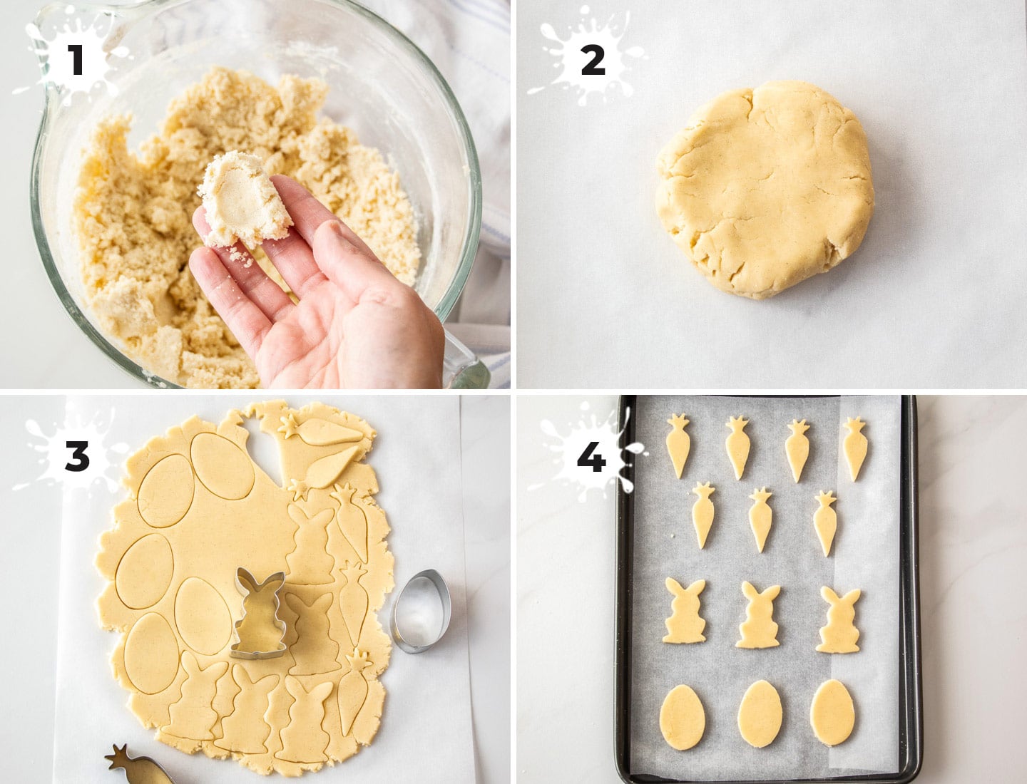 A collage of 4 images showing how to make sugar cookie dough.