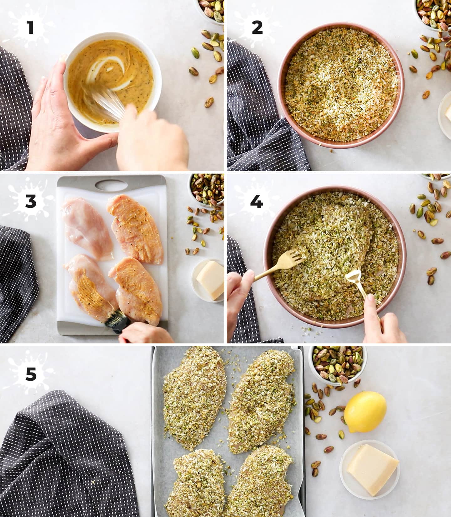 A collage of 5 images showing how to make pistachio chicken.