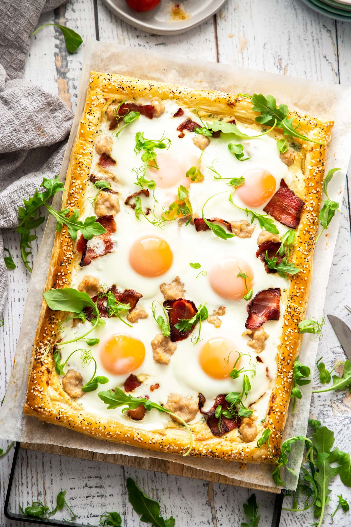 Top down view of a whole breakfast tart, ready to serve.