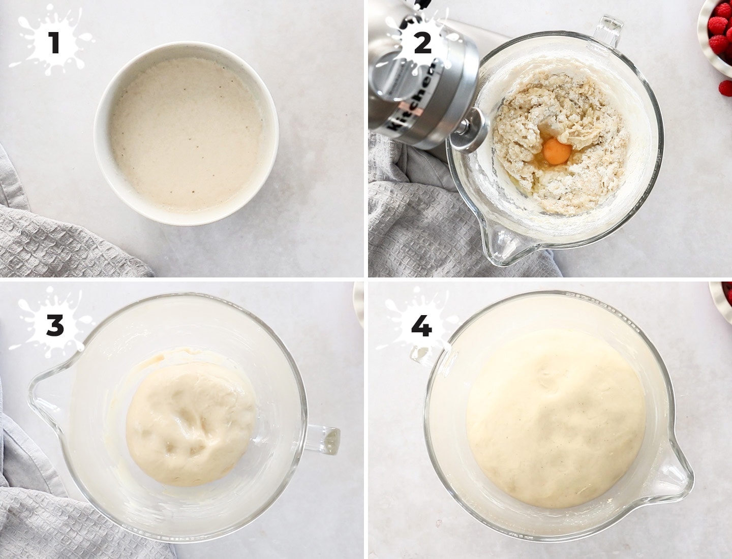 A collage of 4 images showing how to make the dough.