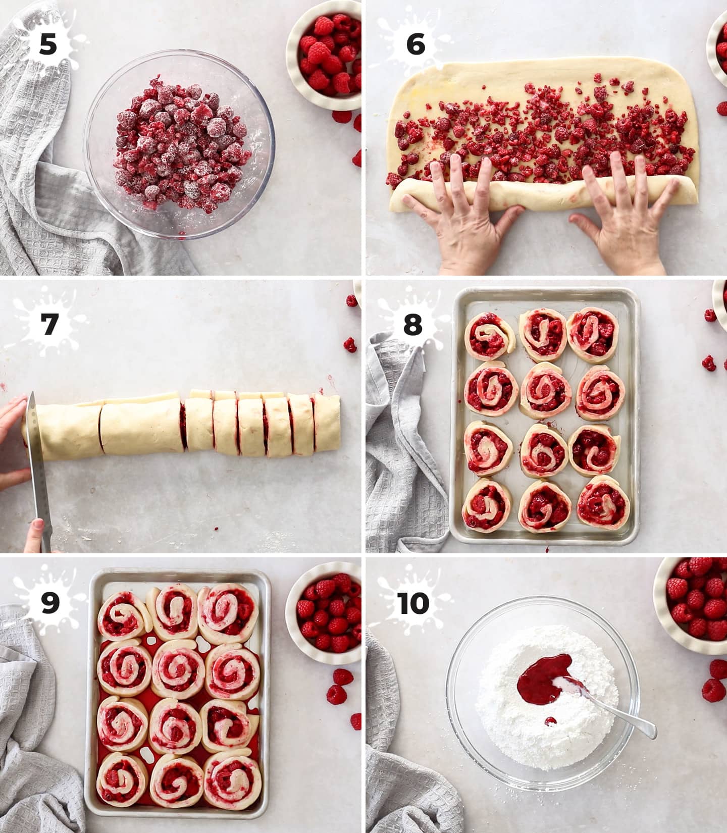 A collage of 6 images showing how to assemble the raspberry rolls.