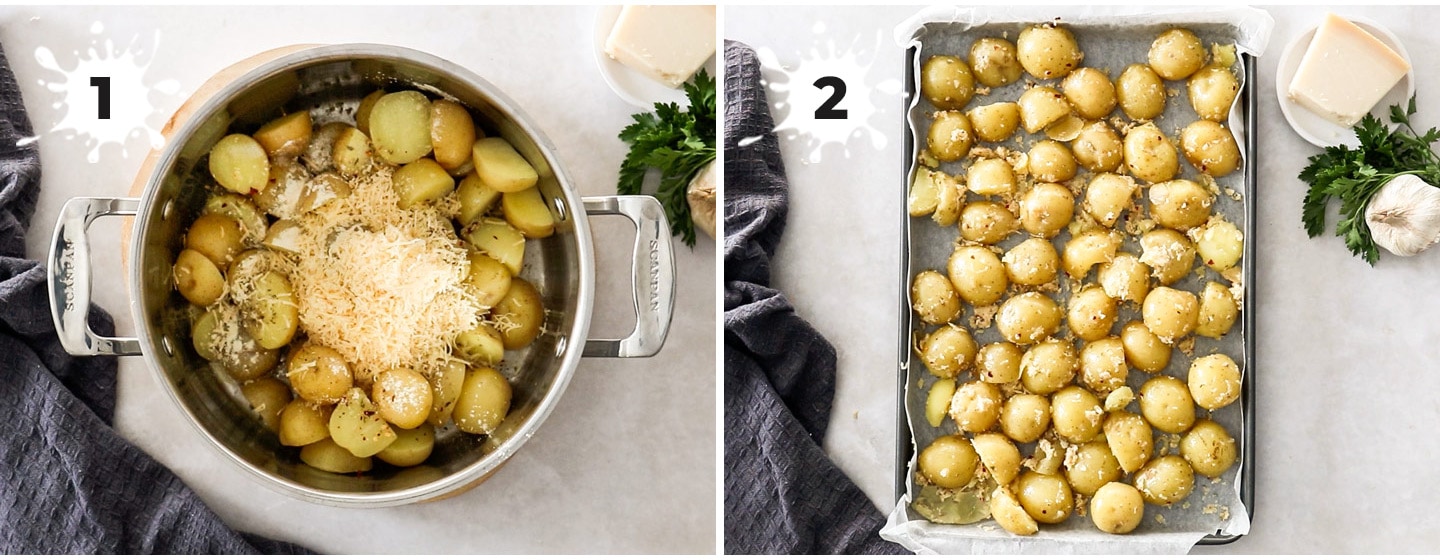 Baby potatoes coated in parmesan and garlic on a sheet pan.
