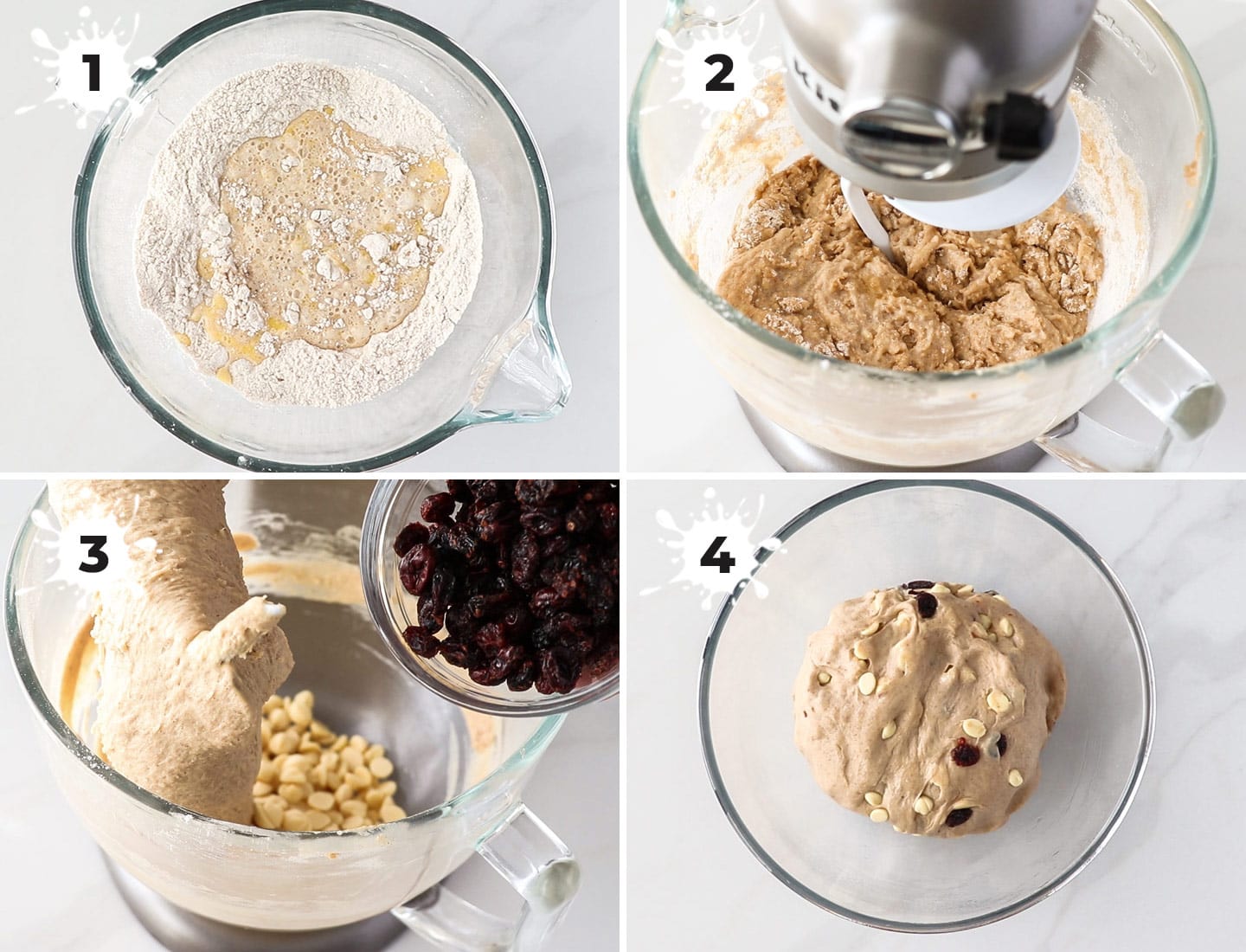 A collage of 4 images showing how to make the hot cross bun dough.
