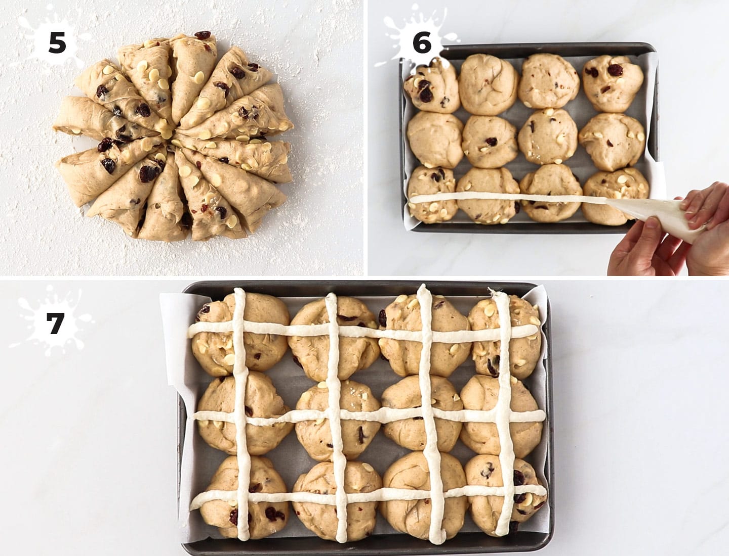 A collage of 3 images showing how to shape the hot cross buns.