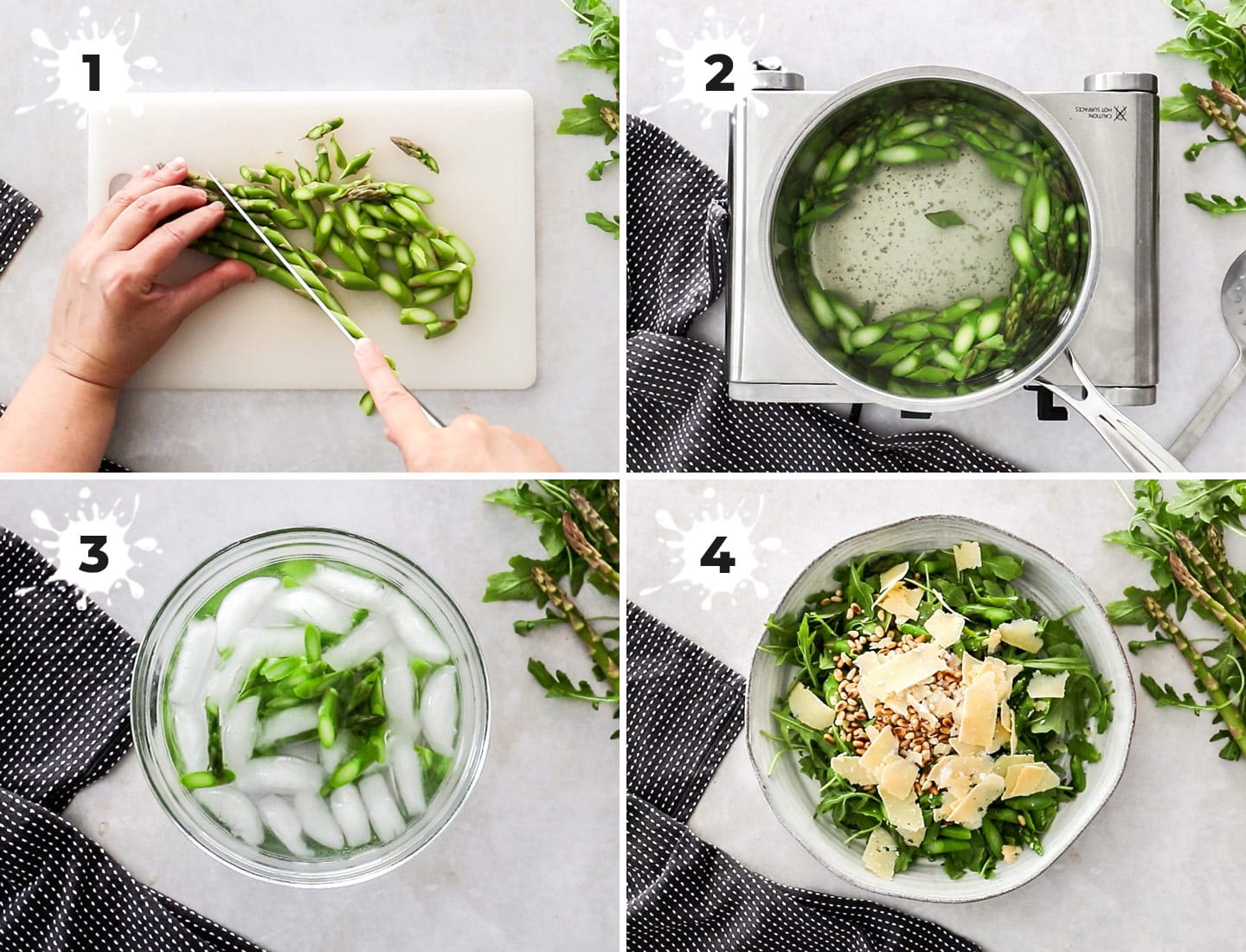 A collage of 4 images showing how to make rocket and parmesan salad.