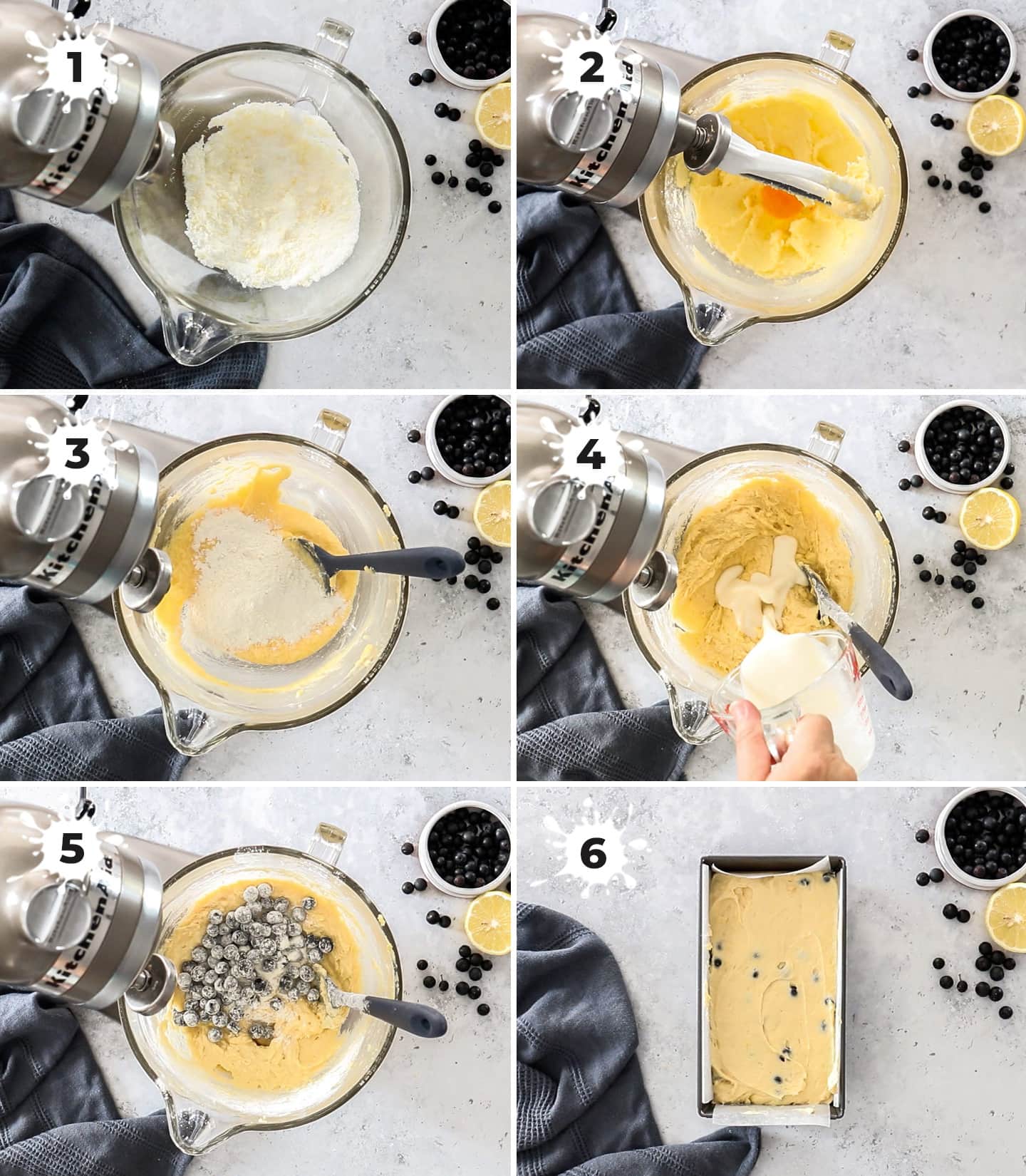 A collage of 6 images showing how to make blueberry lemon yoghurt cake.
