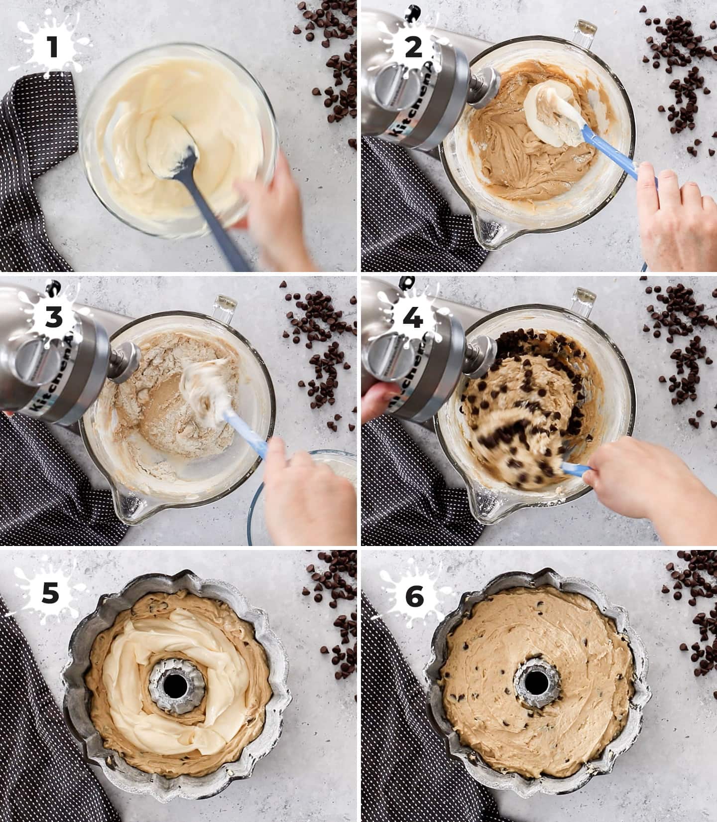A collage of 6 images showing how to make chocolate chip bundt cake.
