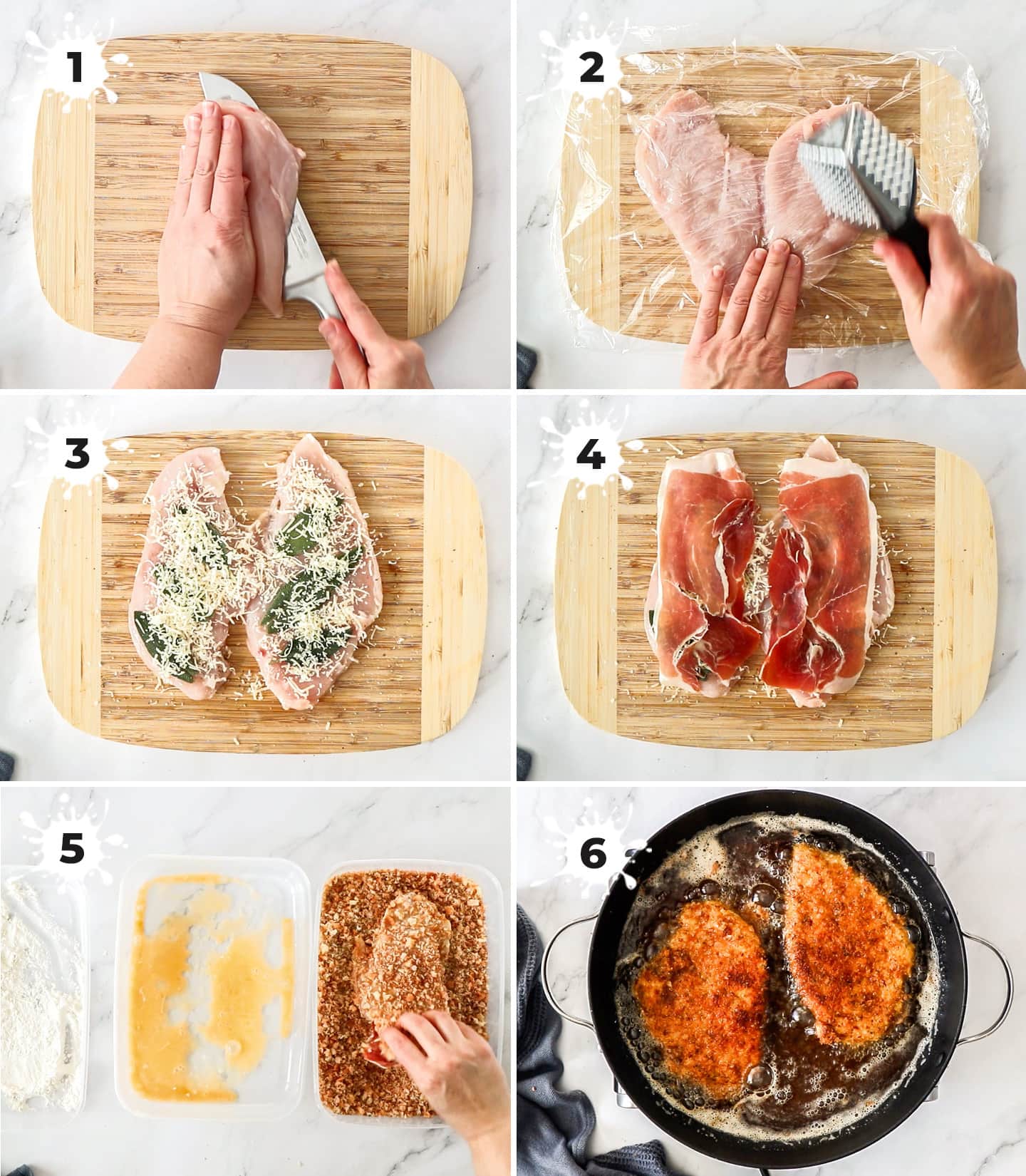 A collage of 6 images showing how to make saltimbocca schnitzel.