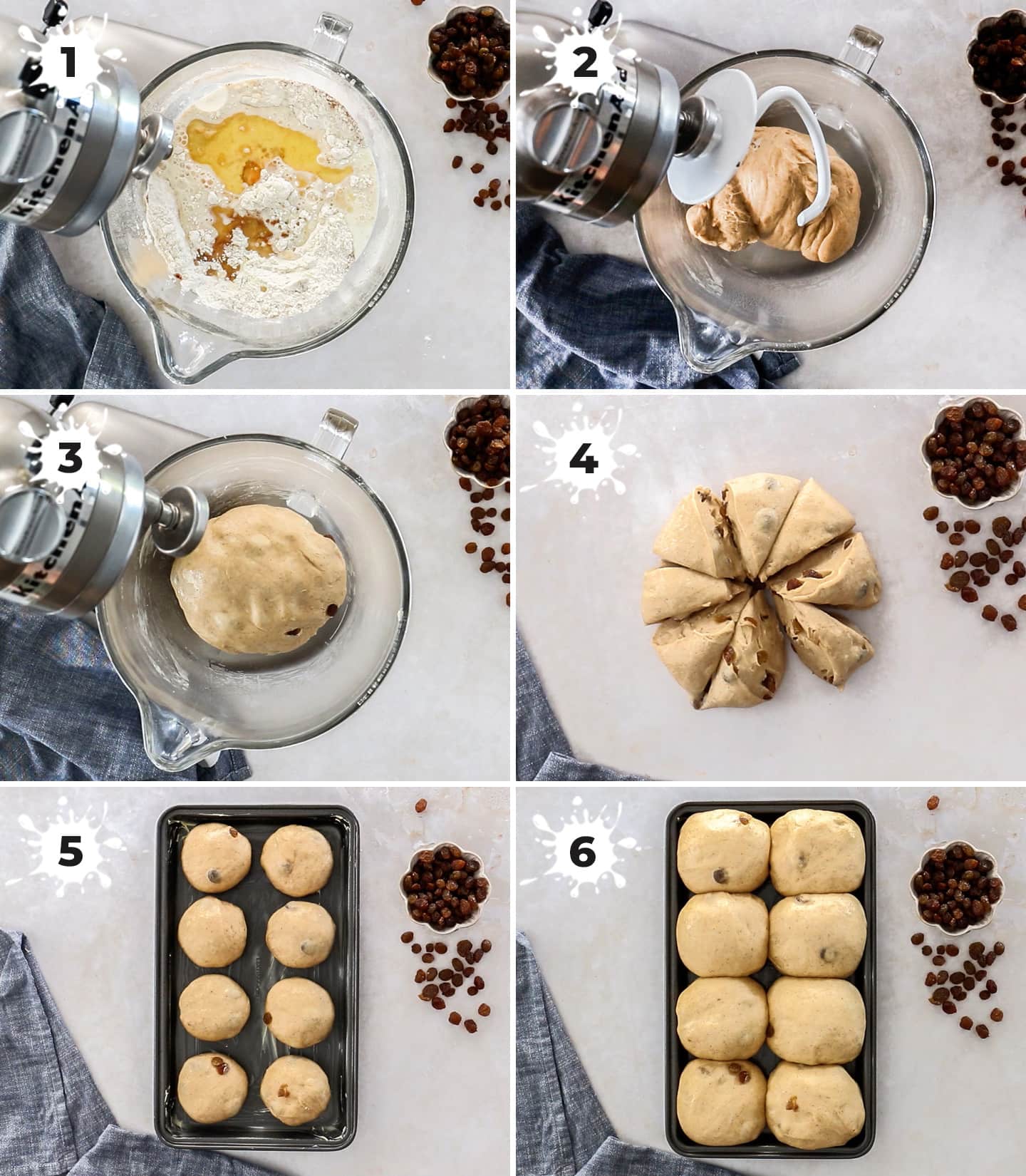 A collage of 6 images showing how to make the iced buns.