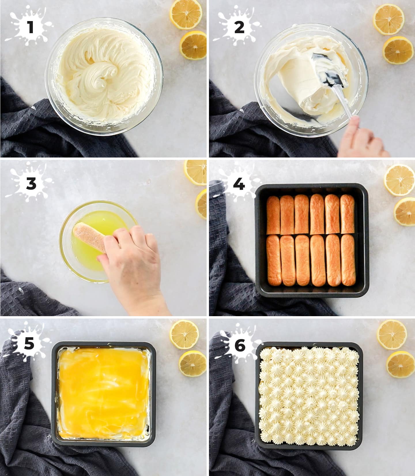 A collage of 6 images showing how to make lemon tiramisu.