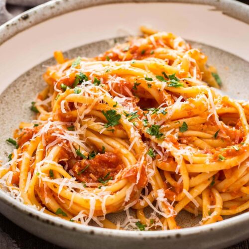 Closeup of pasta napolitana in a bowl.