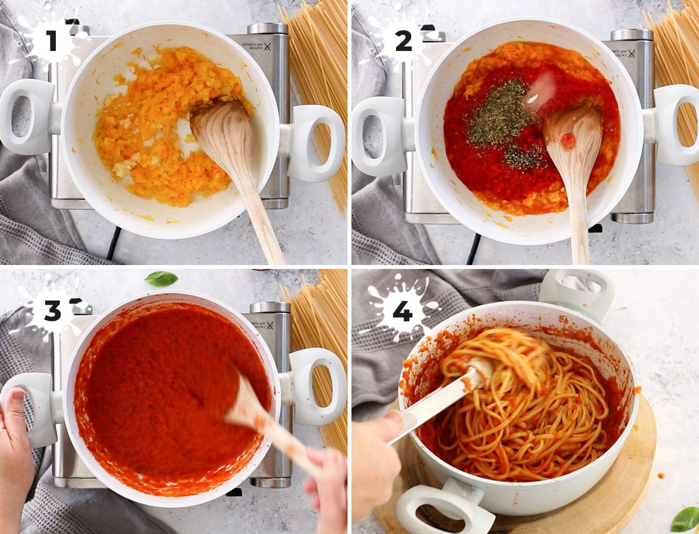 A collage of 4 images showing how to make pasta napolitana.