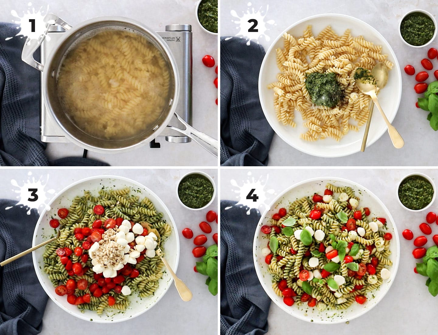 A collage of 4 images showing how to make caprese pasta salad.