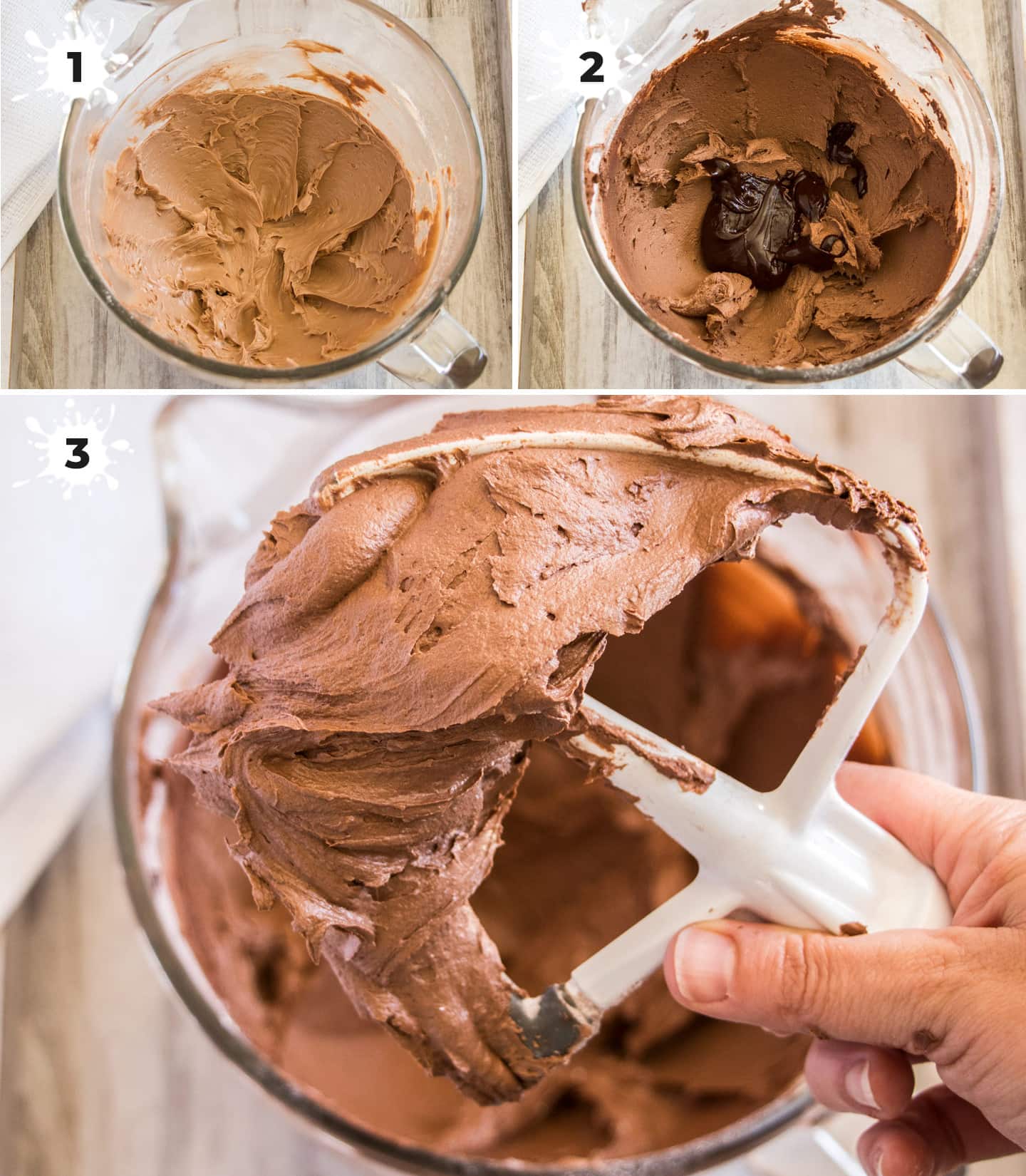 A collage of 4 images showing how to make chocolate ganache frosting.