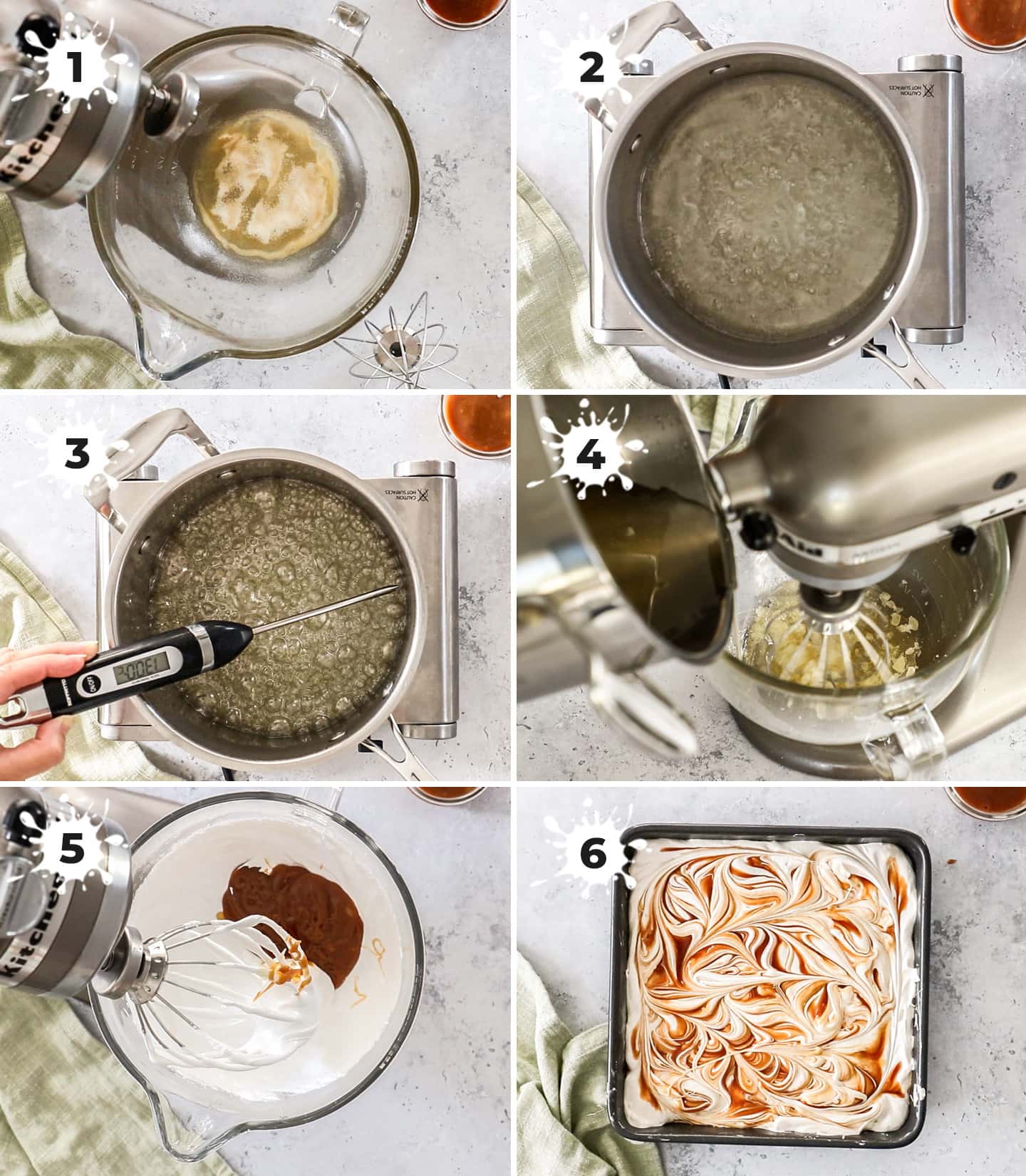 A collage of 6 images showing how to make caramel marshmallows.
