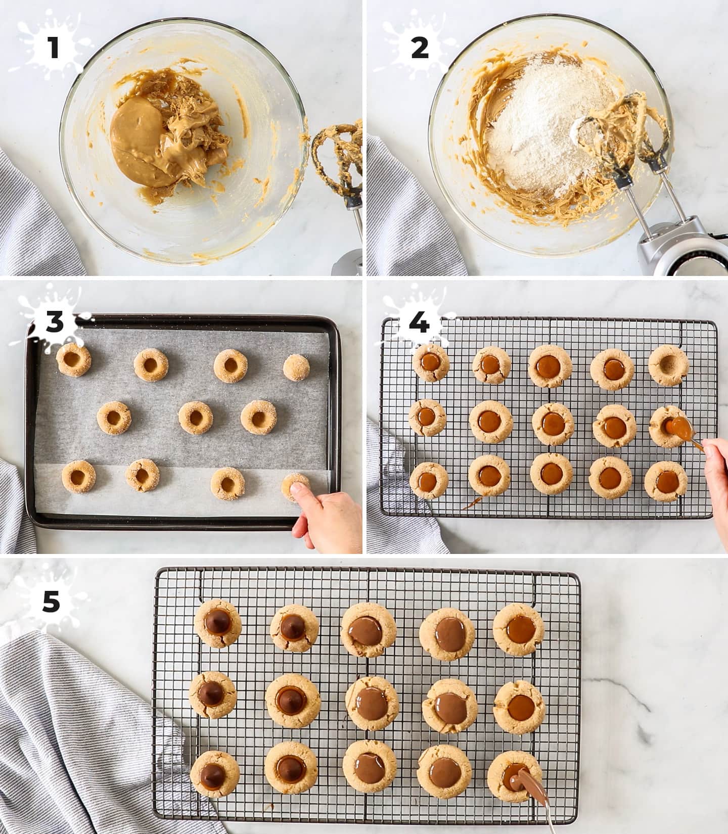 A collage of 5 images showing how to make caramel peanut butter thurmbprint cookies.
