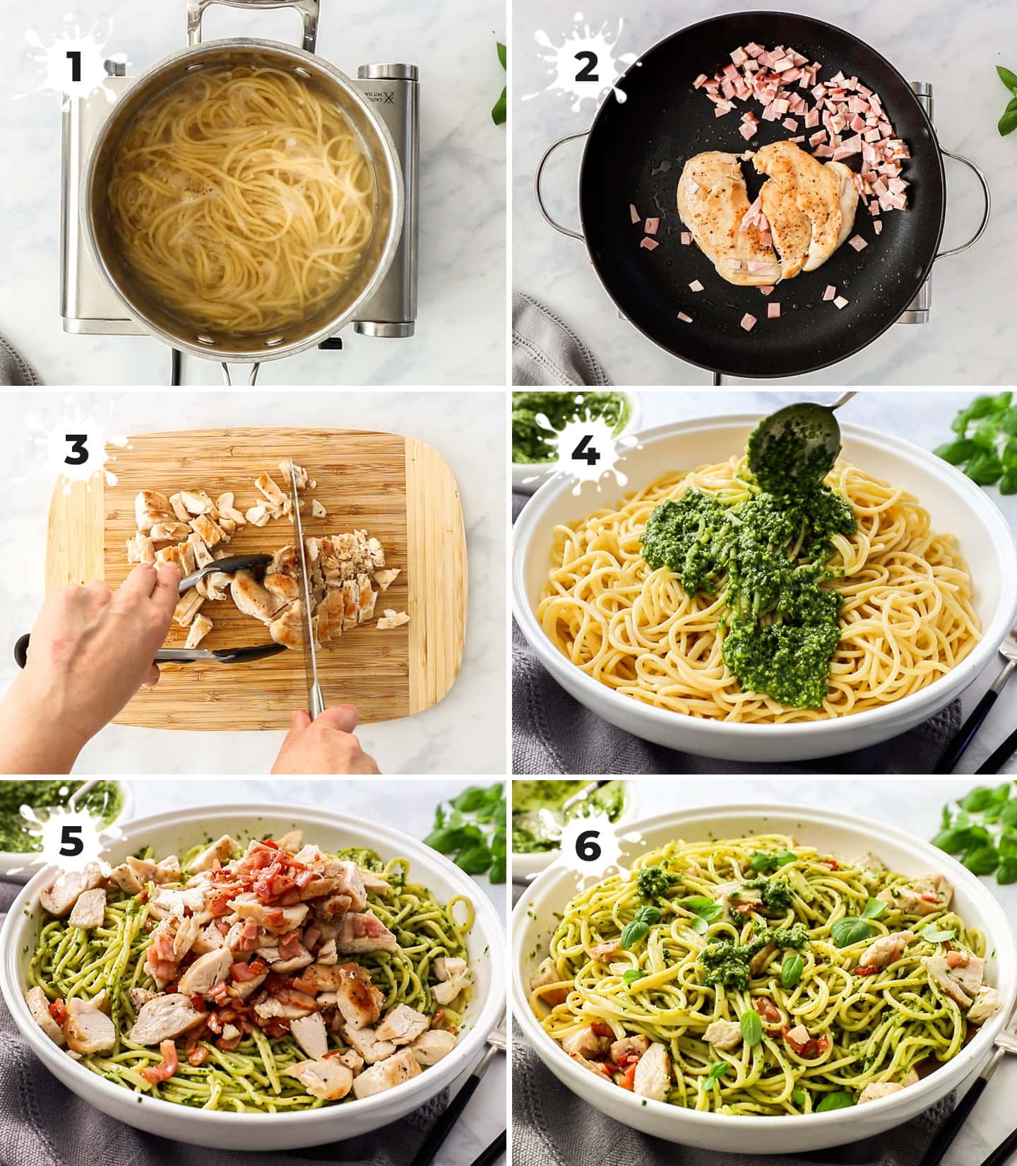 A collage of 6 images showing how to make chicken basil pesto pasta.