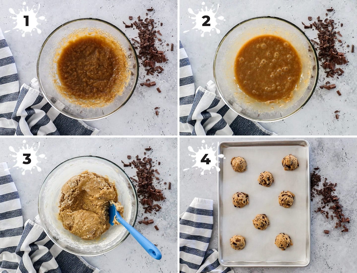A collage of 4 images showing how to make chocolate chunk cookies.