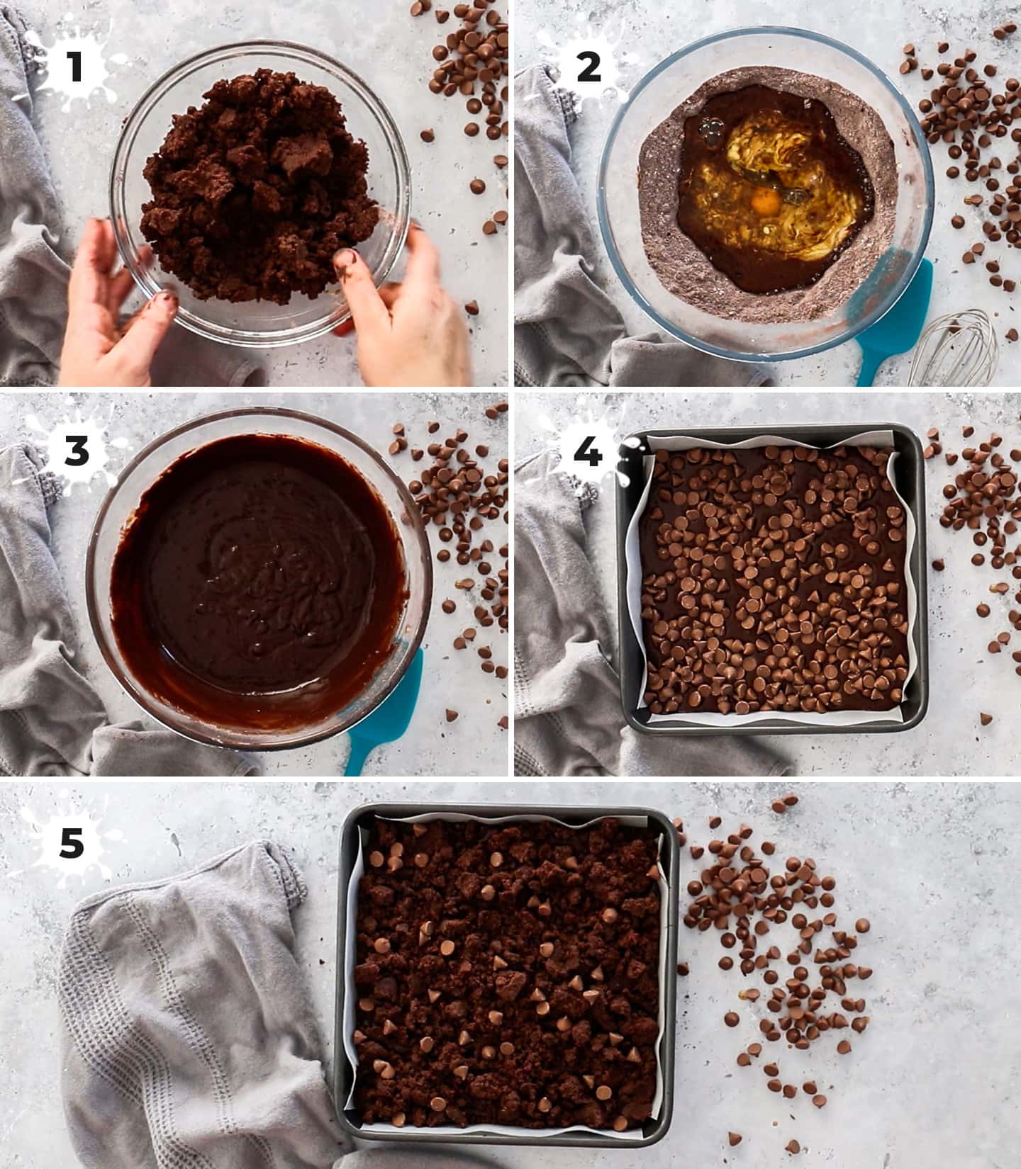 A collage of 5 images showing how to make chocolate crumb cake.