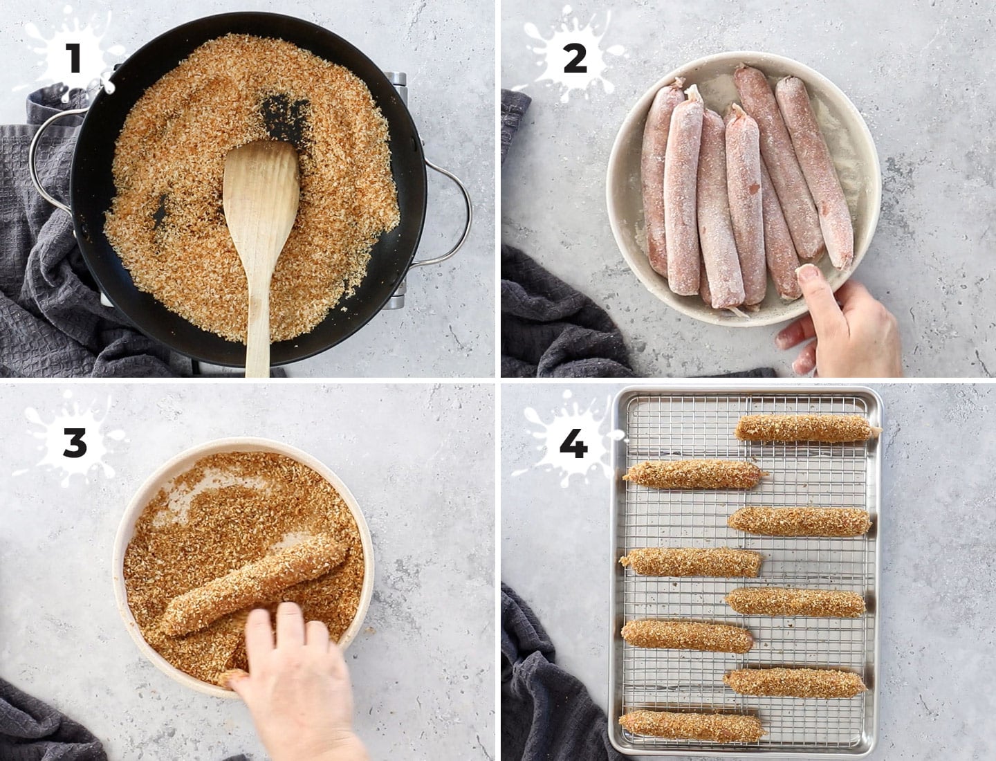 A collage of 4 images showing how to make crumbed sausages from scratch.