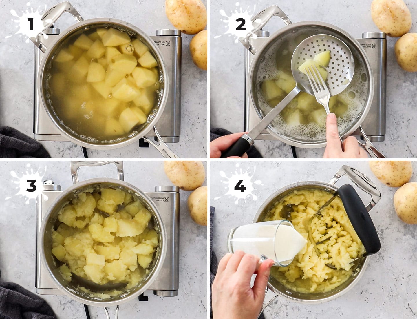 A collage of 4 images showing how to make mashed potatoes.