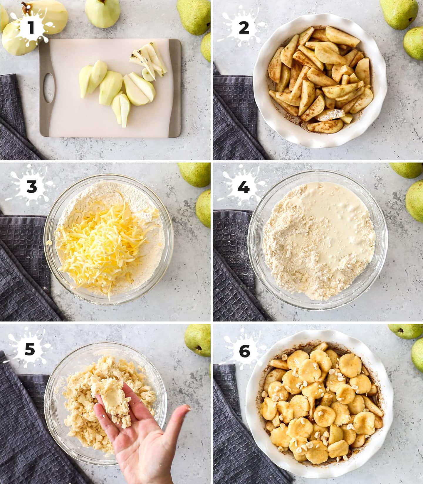 A collage of 6 images showing how to make pear cobbler.