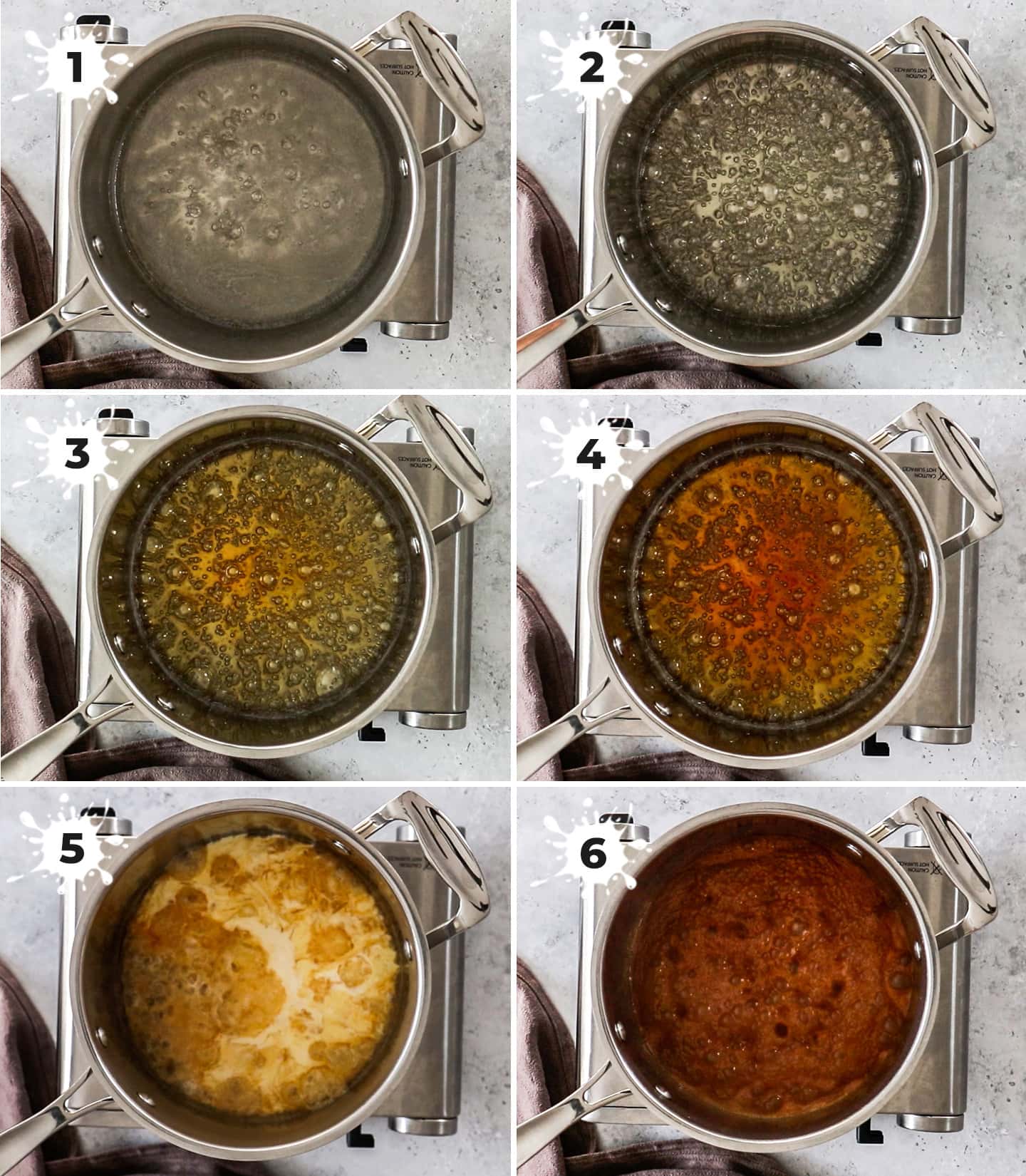 A collage of 6 images showing how to make caramel sauce.
