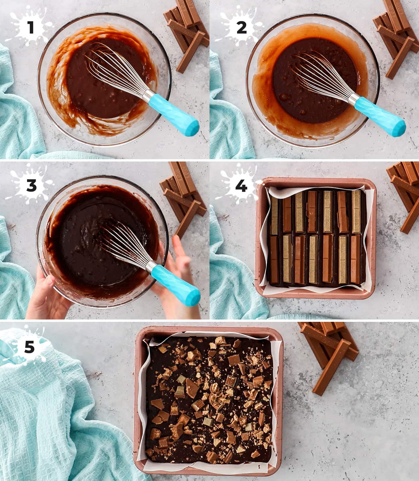 A collage of 5 images showing how to make Kit Kat brownies.