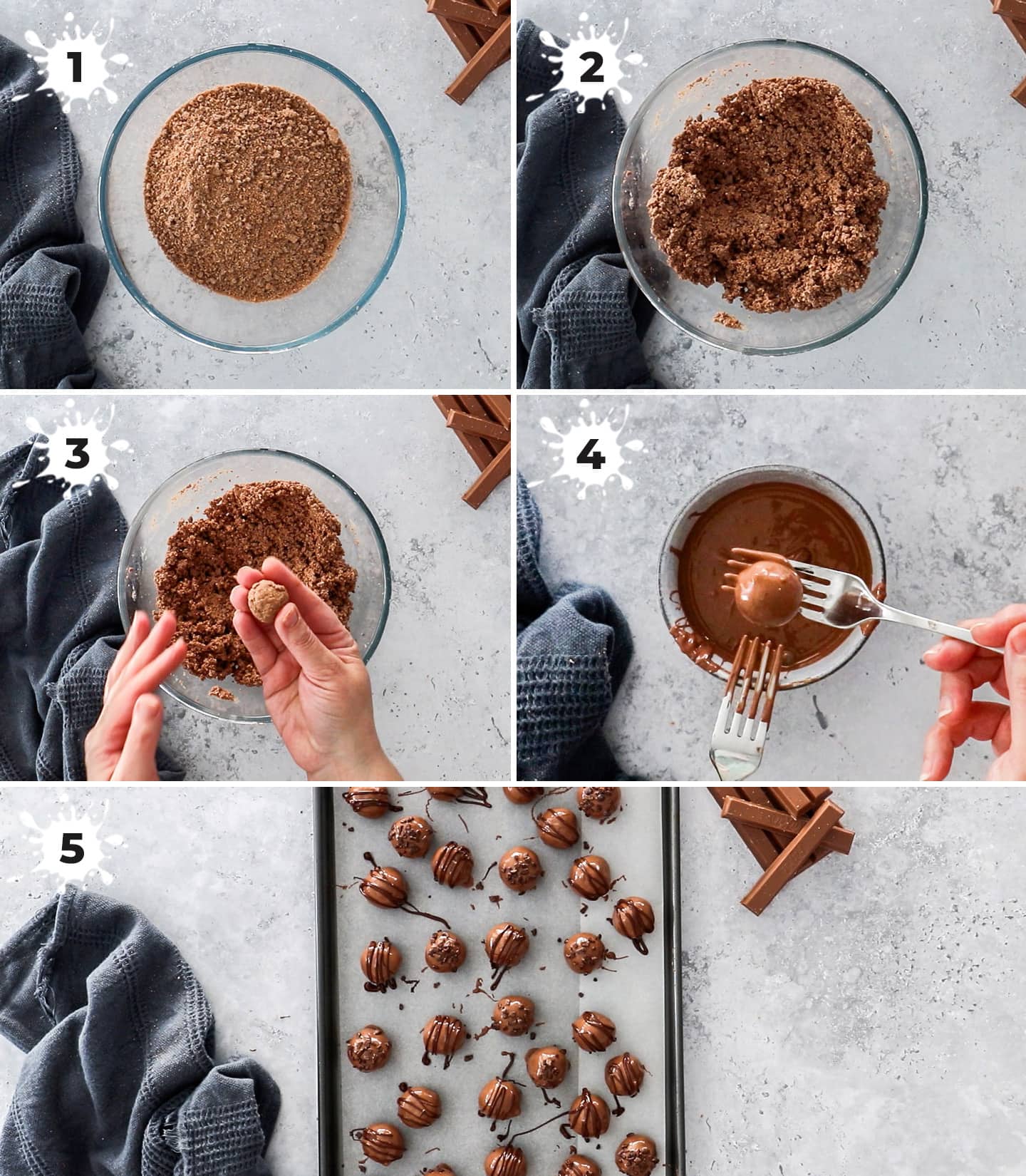 A collage of 5 images showing how to make Kit Kat Truffles.