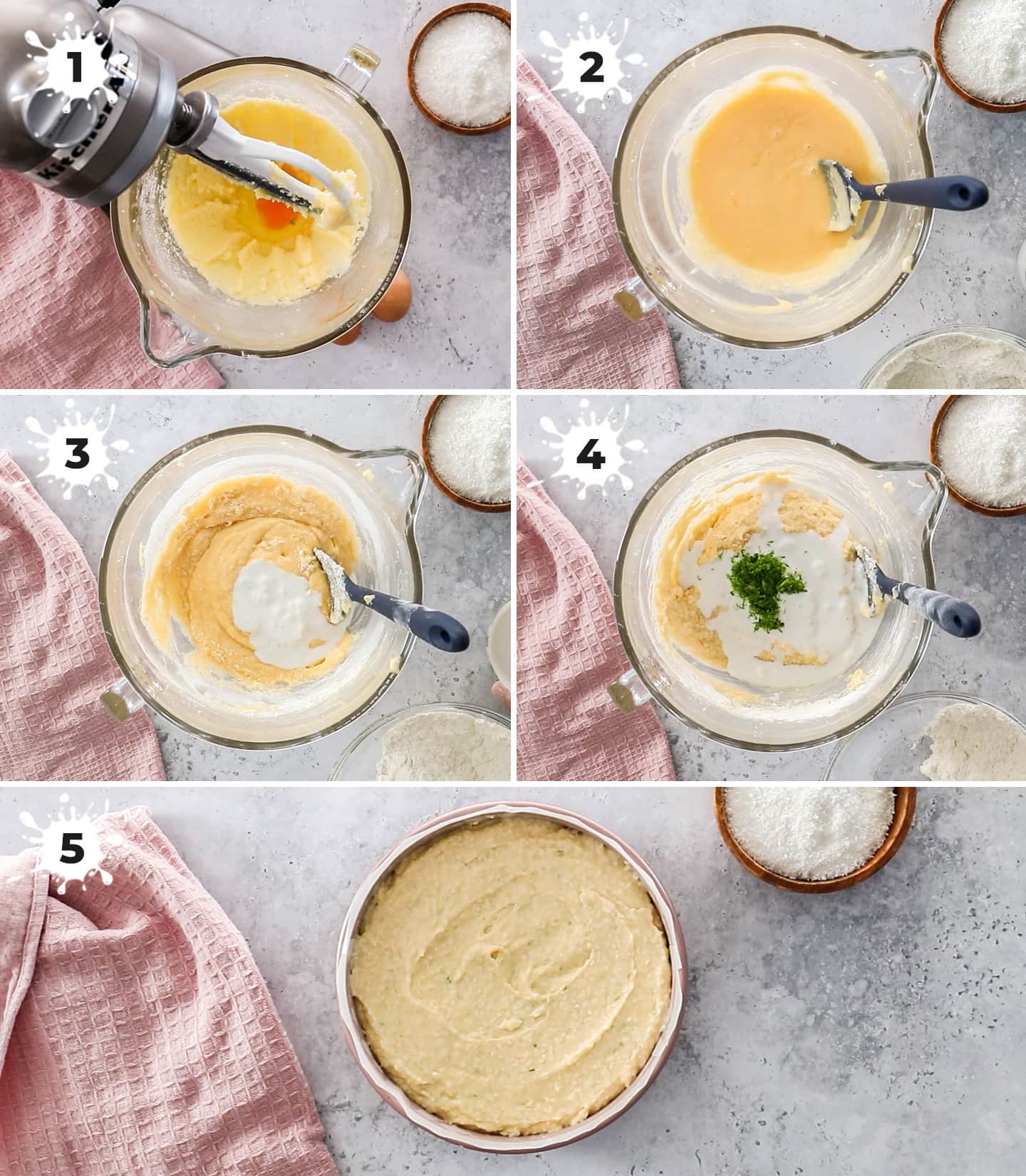 A collage of 5 images showing how to make lime and coconut cake.