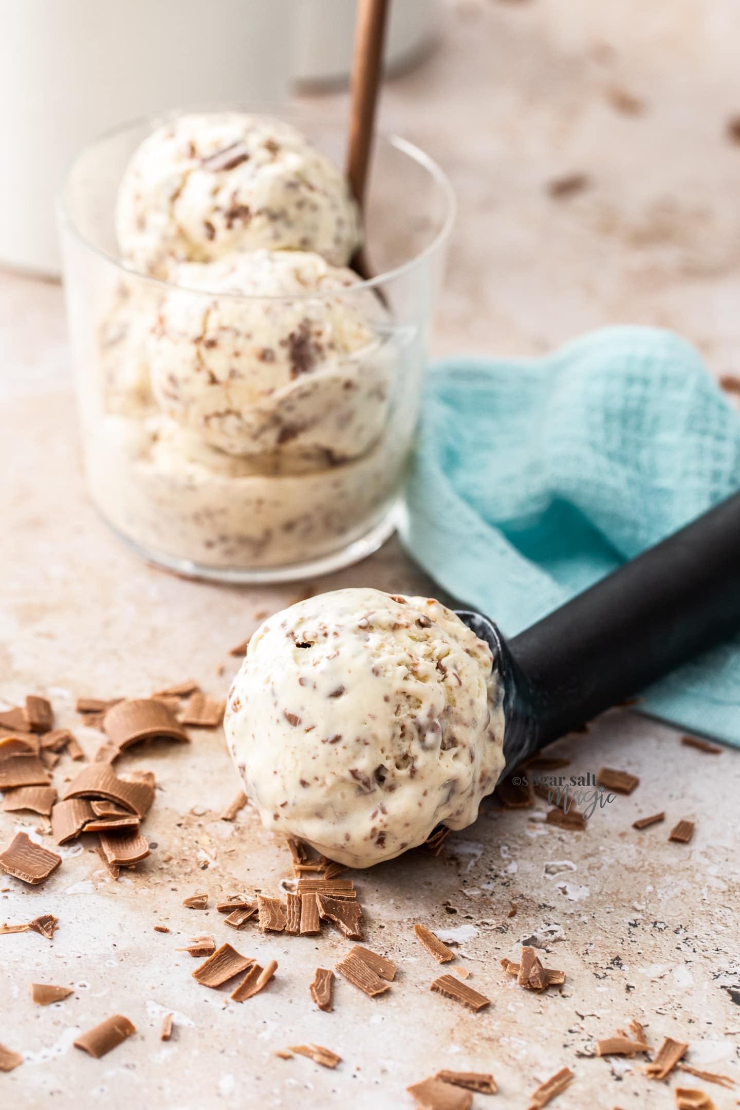 An ice cream scoop with a scoop of chocolate chip ice cream.