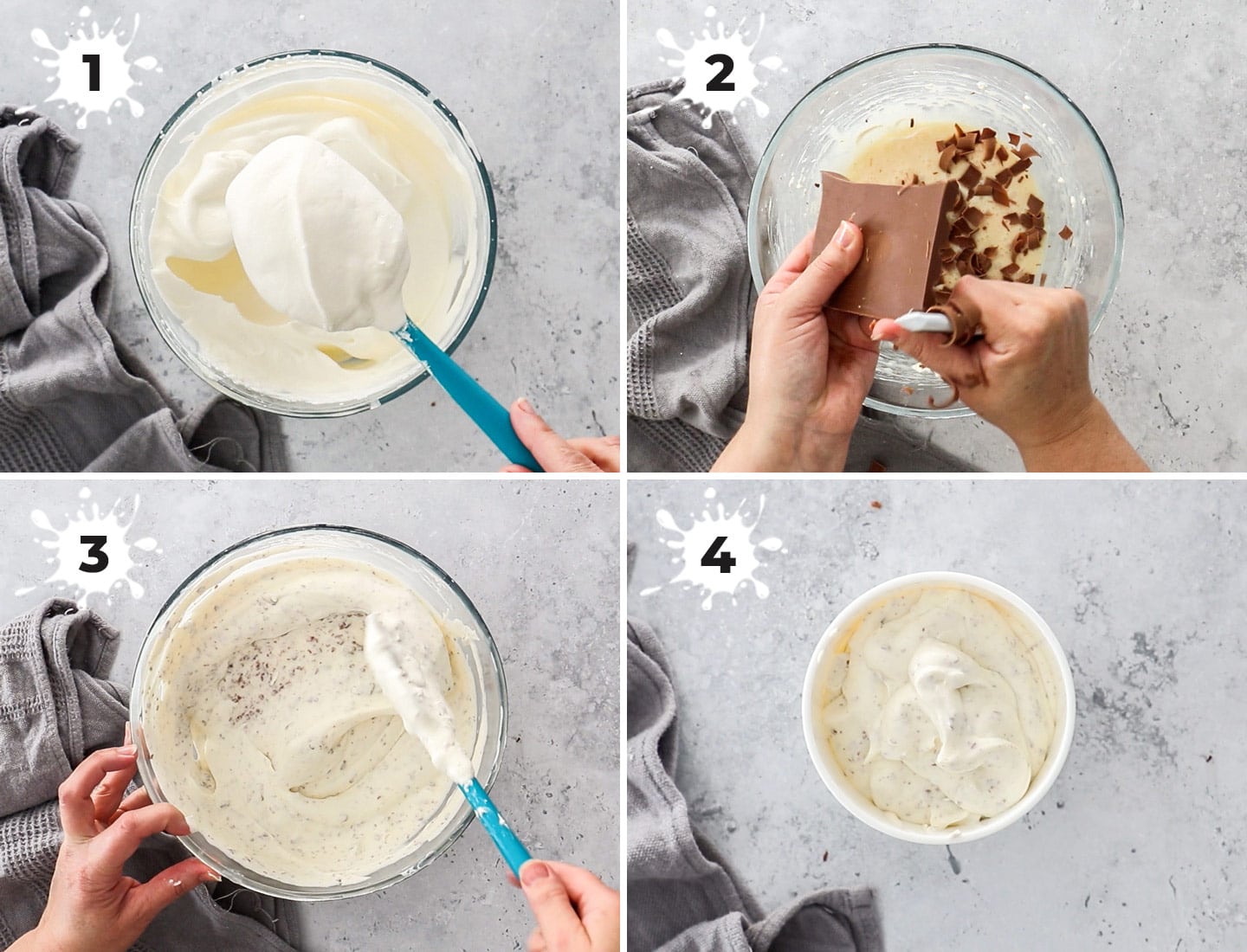 A collage of 4 images showing how to make chocolate chip ice cream.