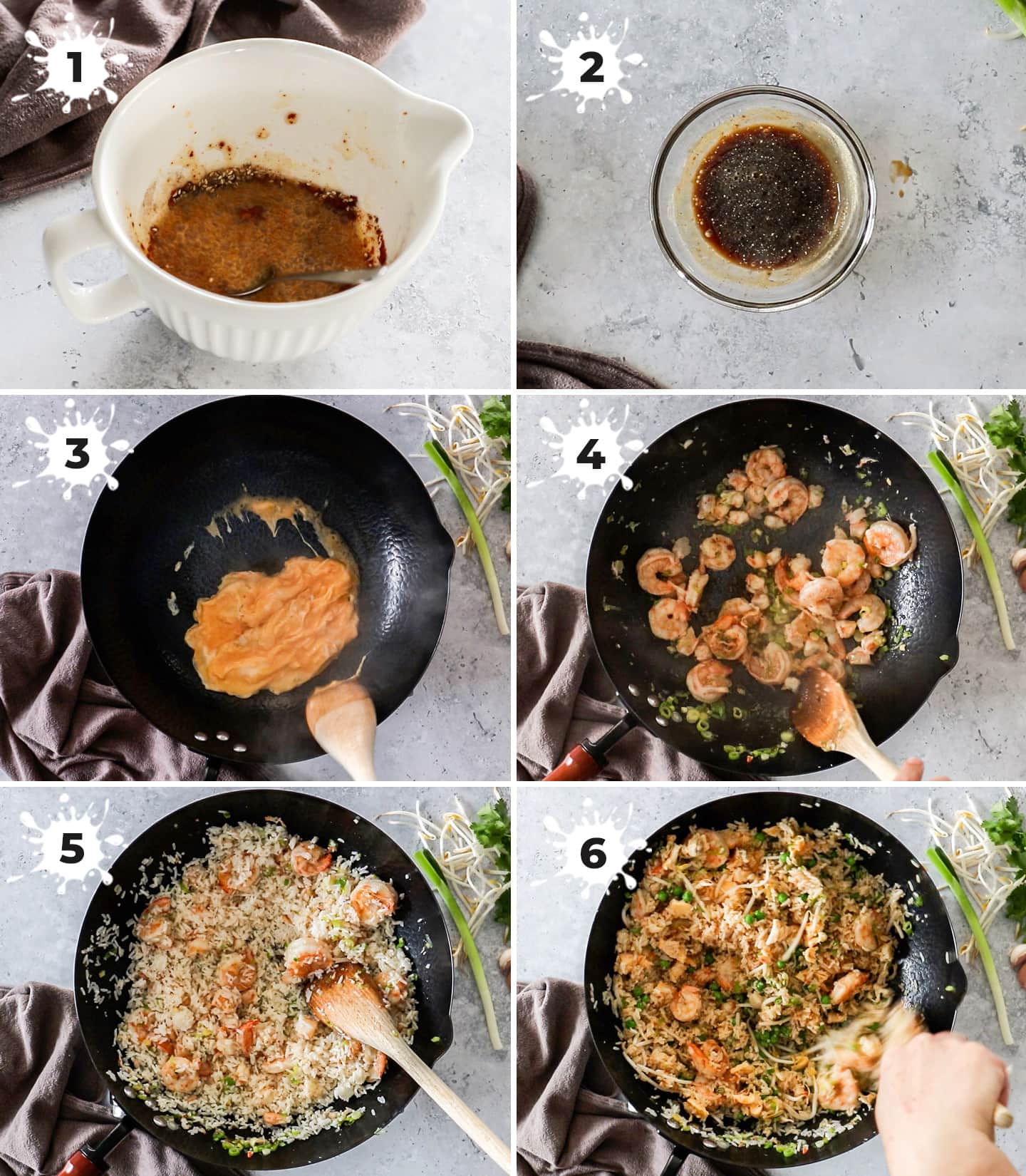 A collage of 6 images showing how to make prawn fried rice.