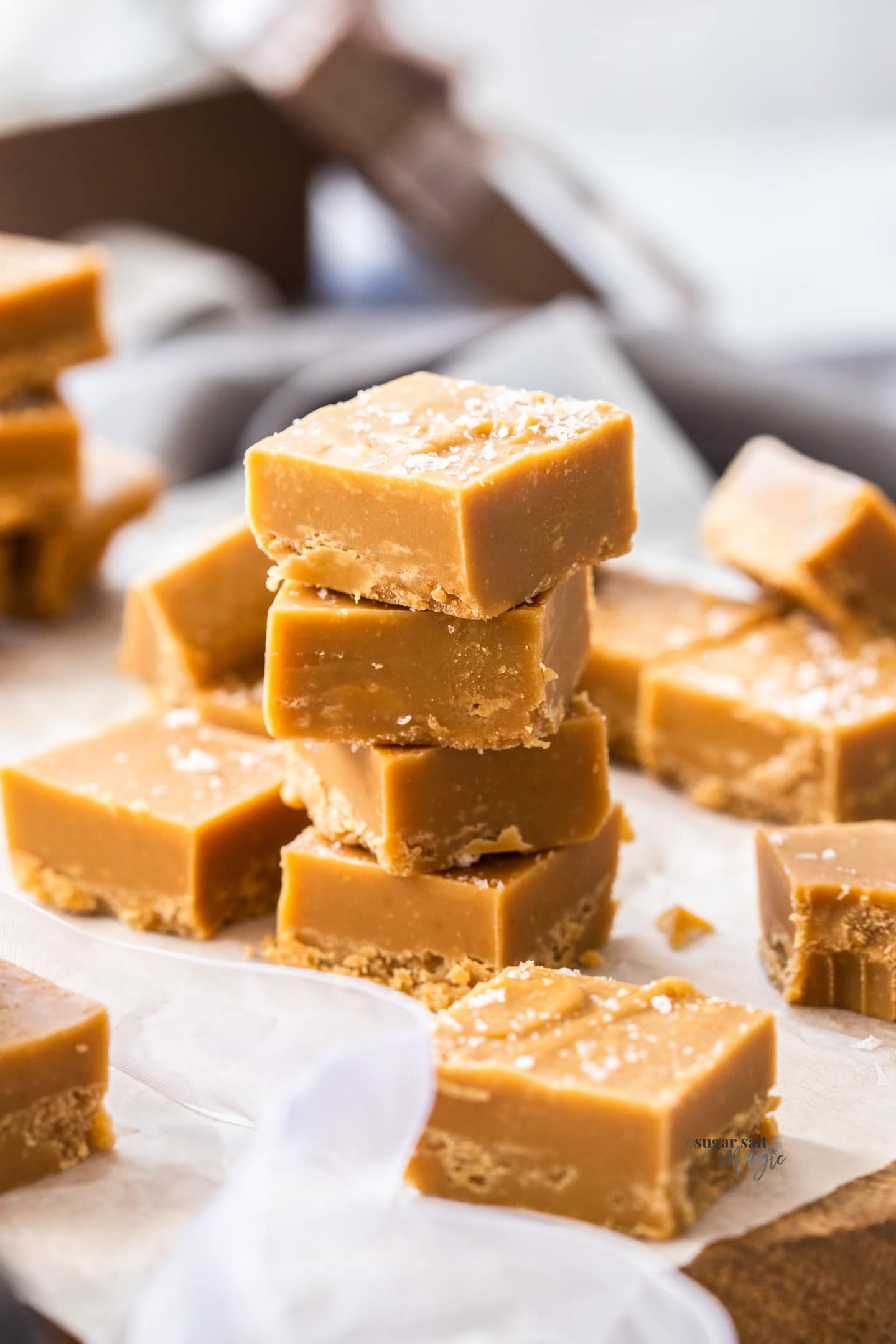 A stack of 4 pieces of caramel fudge.